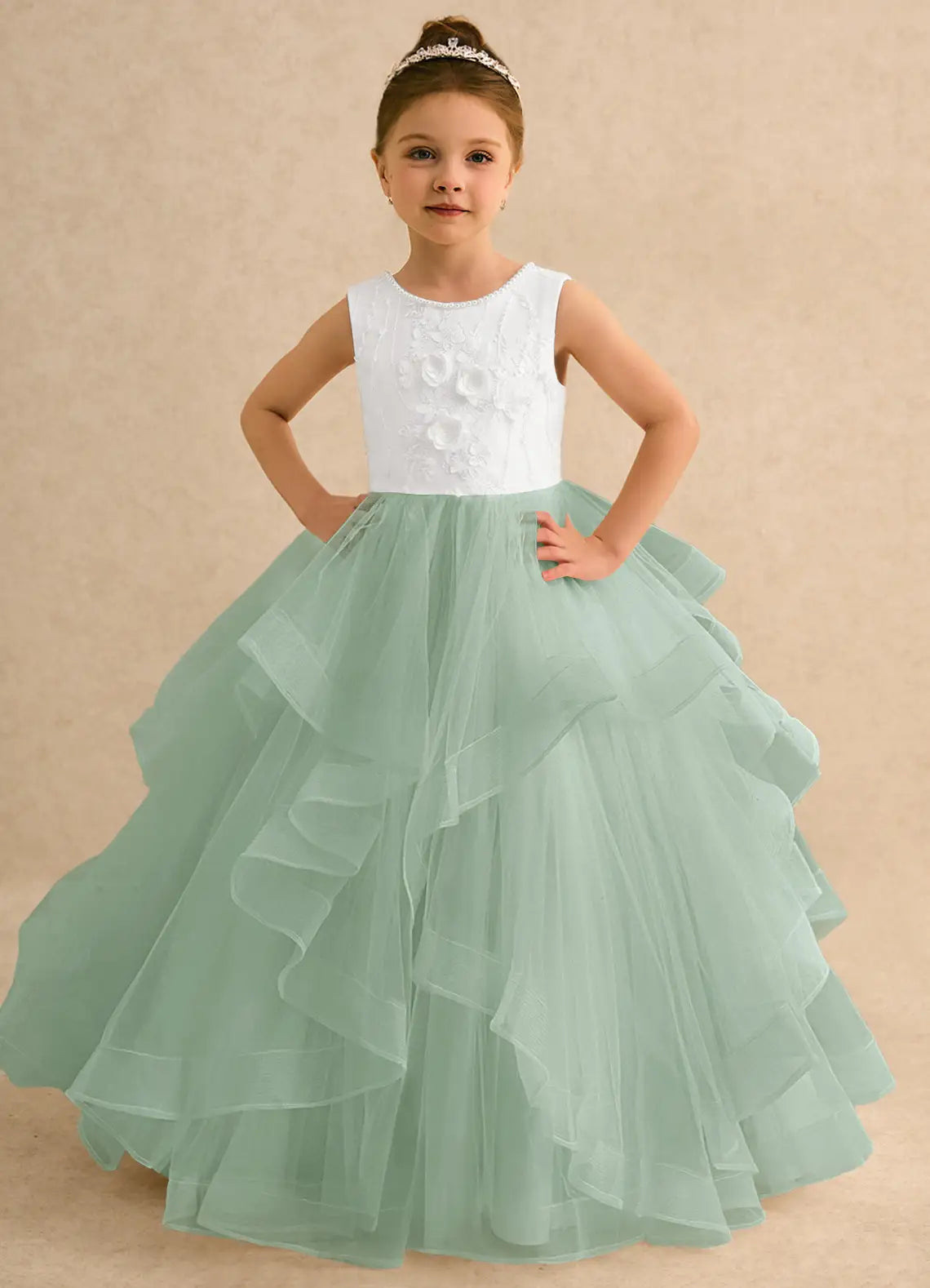 Sleeveless Round Neck 3D Floral White Bodice Sage Ruffle Tulle Floor-Length Flower Girl Dresses