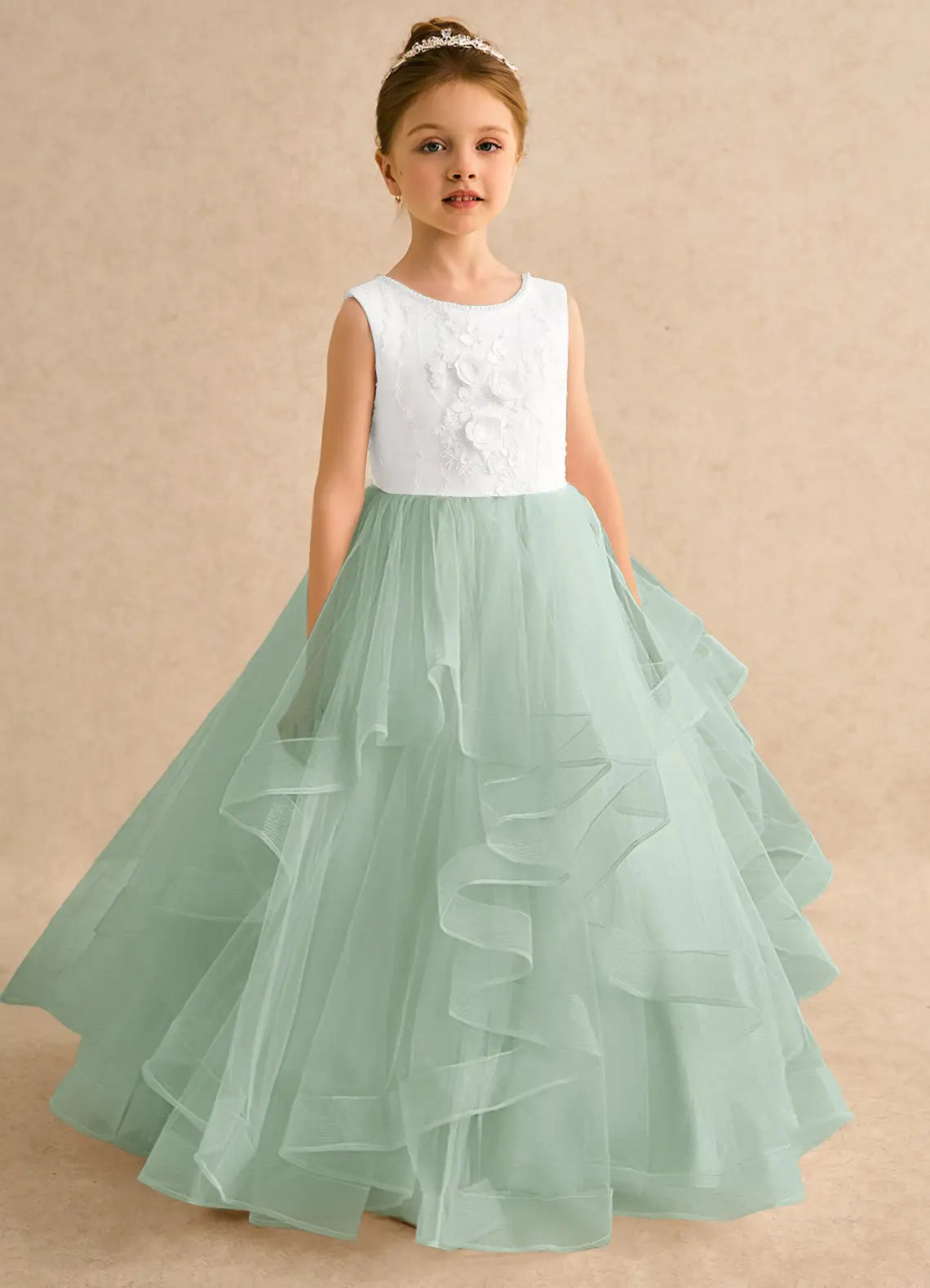 Sleeveless Round Neck 3D Floral White Bodice Sage Ruffle Tulle Floor-Length Flower Girl Dresses