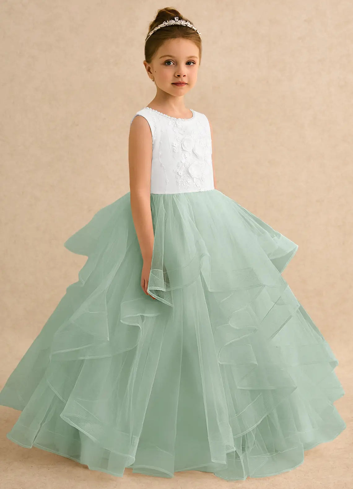 Sleeveless Round Neck 3D Floral White Bodice Sage Ruffle Tulle Floor-Length Flower Girl Dresses
