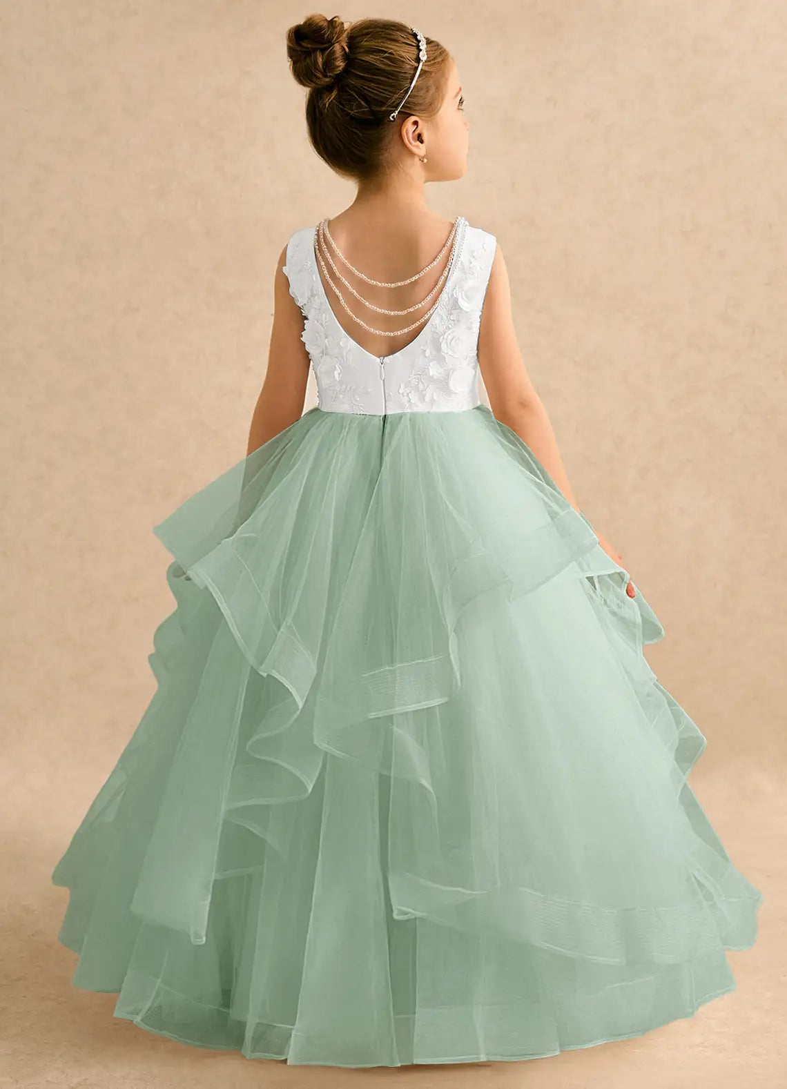 Sleeveless Round Neck 3D Floral White Bodice Sage Ruffle Tulle Floor-Length Flower Girl Dresses