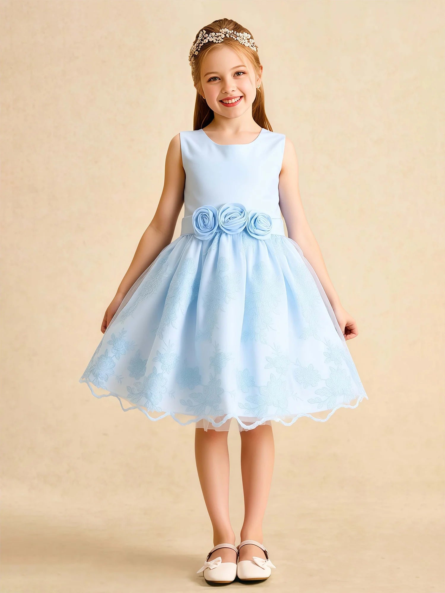 Sleeveless Round Neck 3D Rose Waist Floral Embroidery Sky Blue Tulle Knee Length Flower Girl Dresses