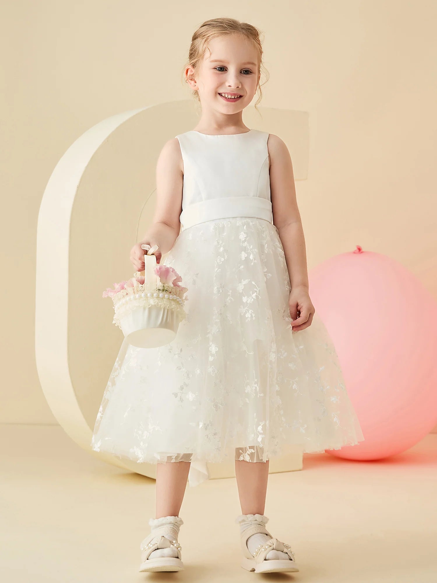 Sleeveless Round Neck Back Bow Floral Embroidery White Tulle Midi Length Flower Girl Dresses