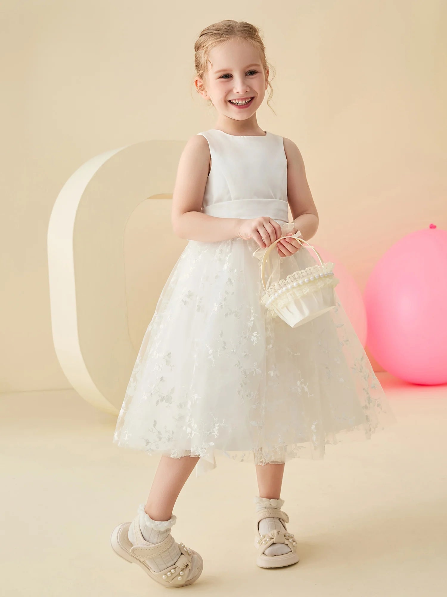 Sleeveless Round Neck Back Bow Floral Embroidery White Tulle Midi Length Flower Girl Dresses