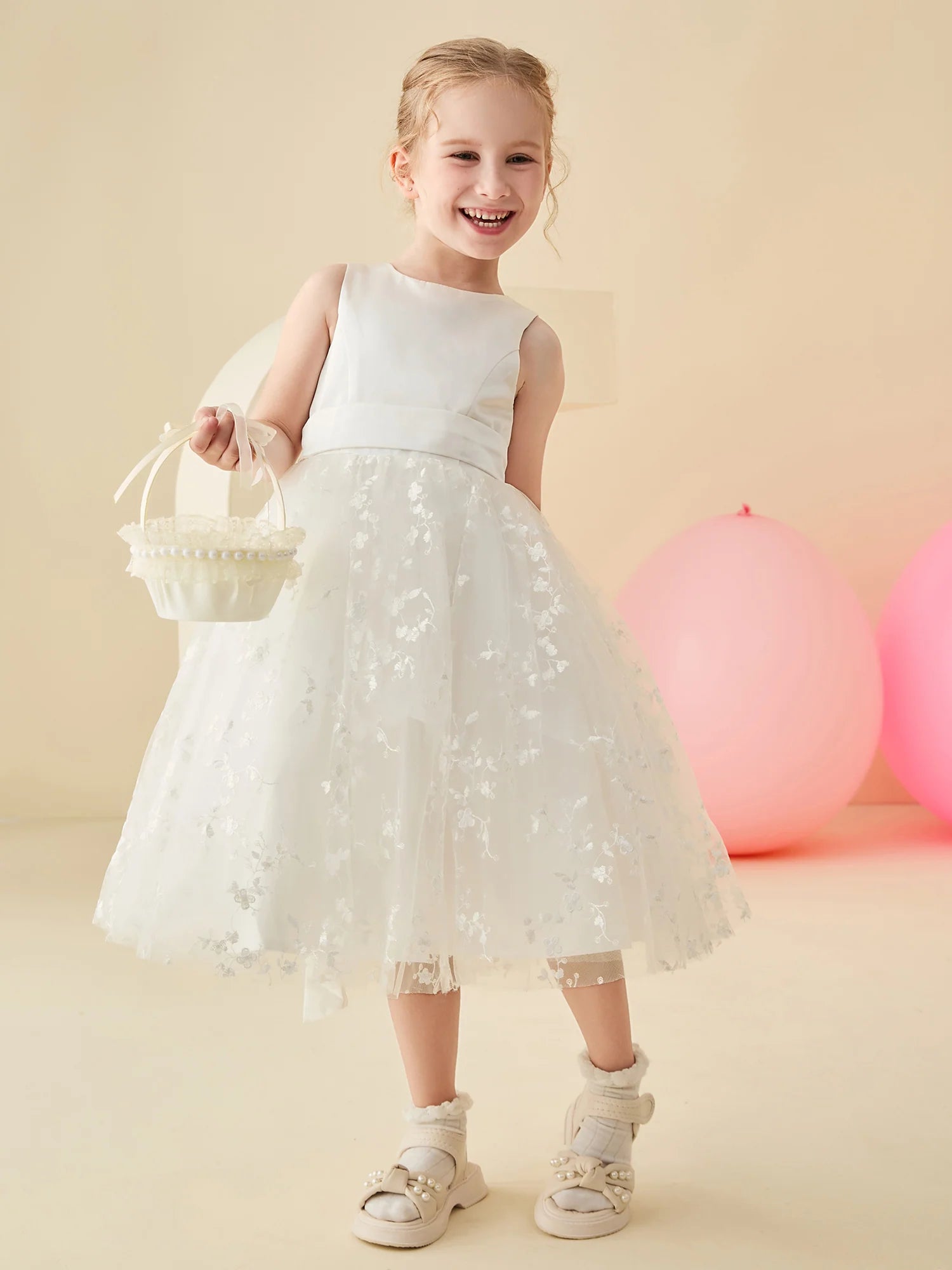 Sleeveless Round Neck Back Bow Floral Embroidery White Tulle Midi Length Flower Girl Dresses