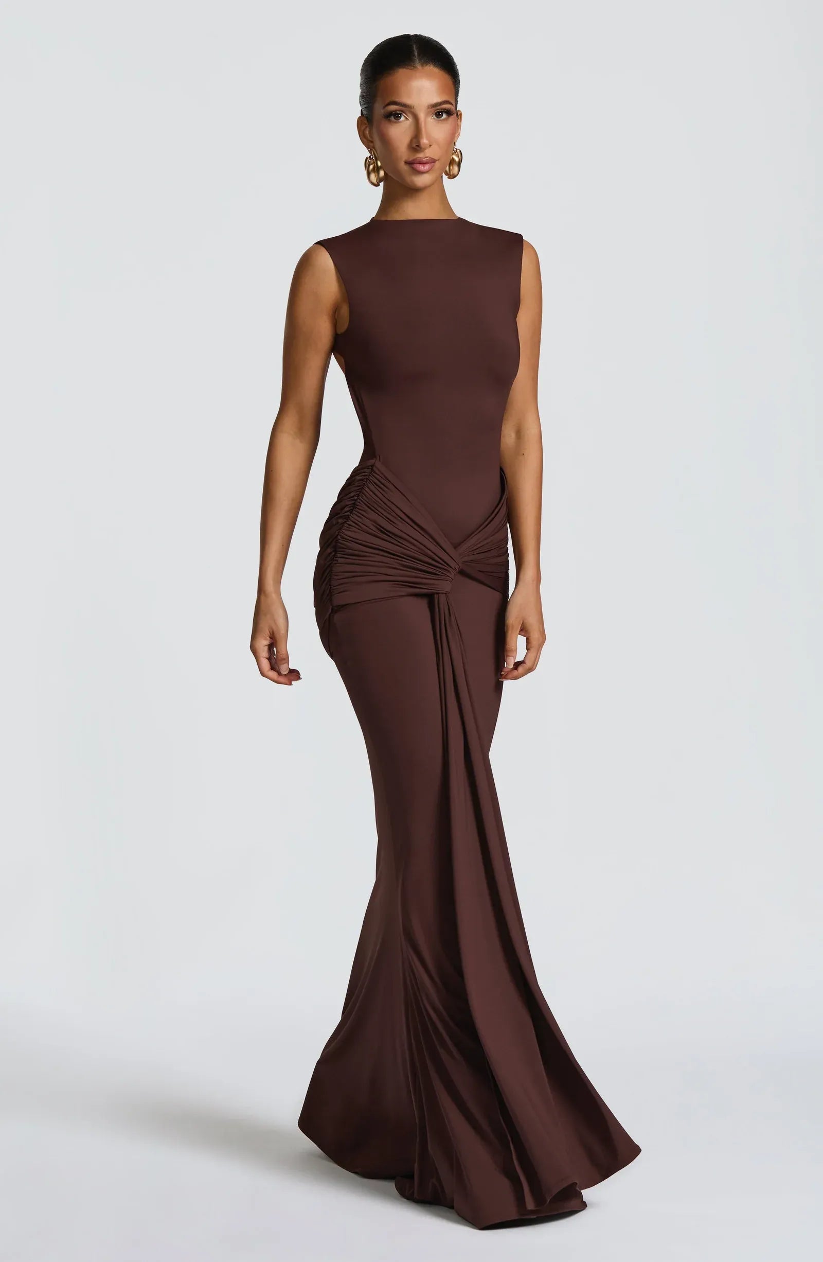 Sleeveless Round Neck Back Cutout Waist Twist Draped Dark Brown Jersey Mermaid Maxi Wedding Guest Dresses