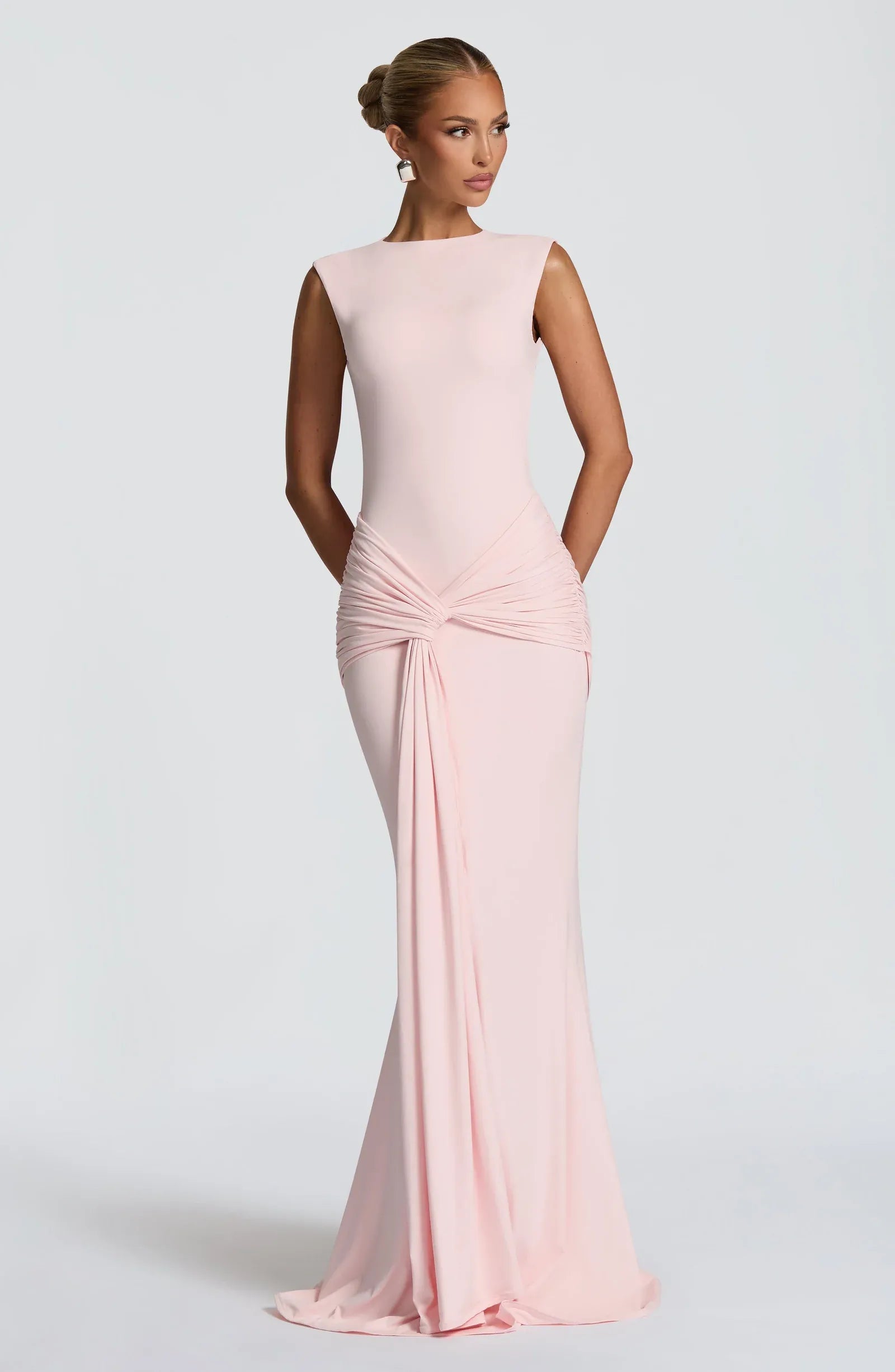 Sleeveless Round Neck Back Cutout Waist Twist Draped Light Pink Jersey Mermaid Maxi Wedding Guest Dresses