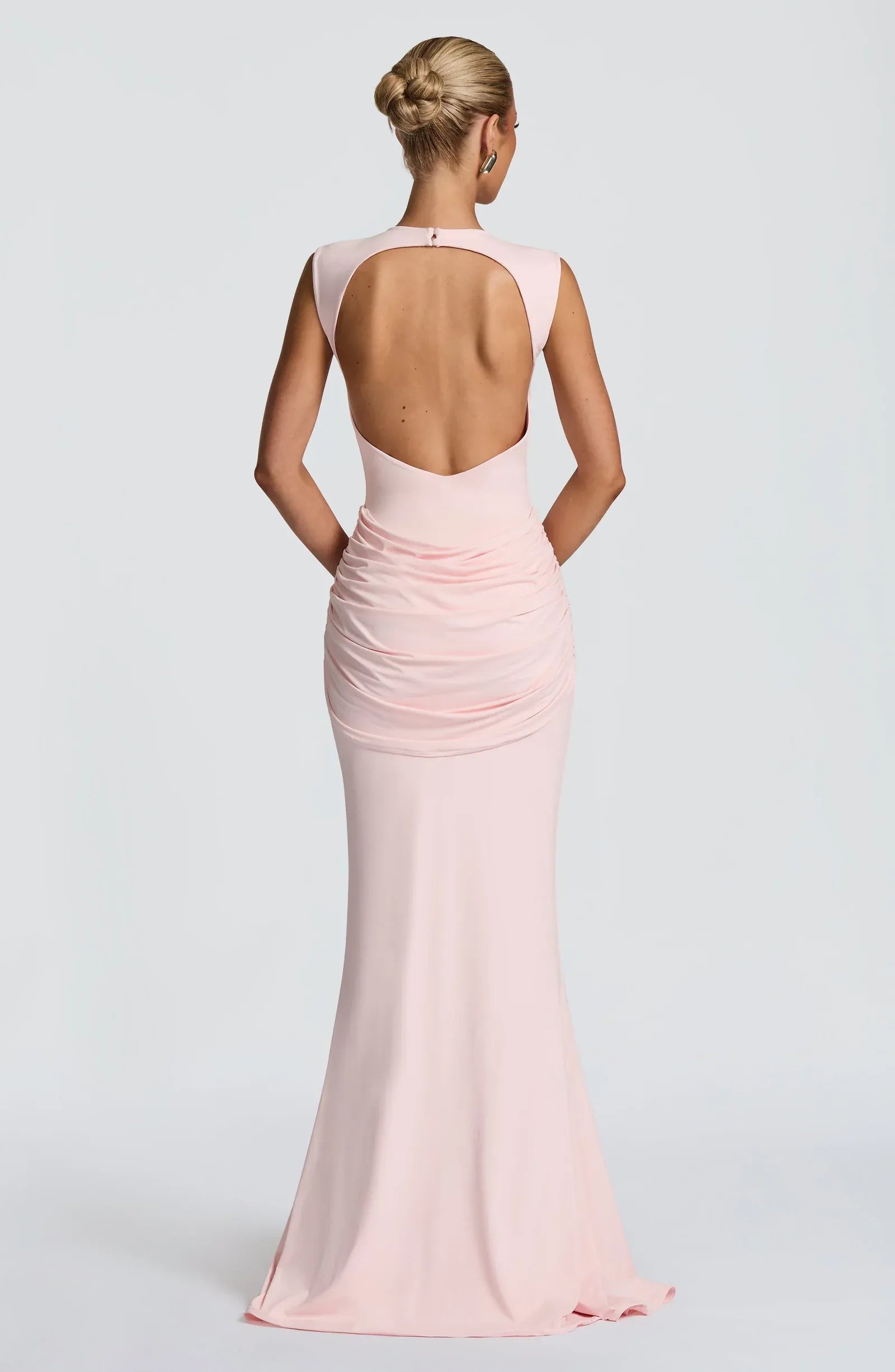 Sleeveless Round Neck Back Cutout Waist Twist Draped Light Pink Jersey Mermaid Maxi Wedding Guest Dresses