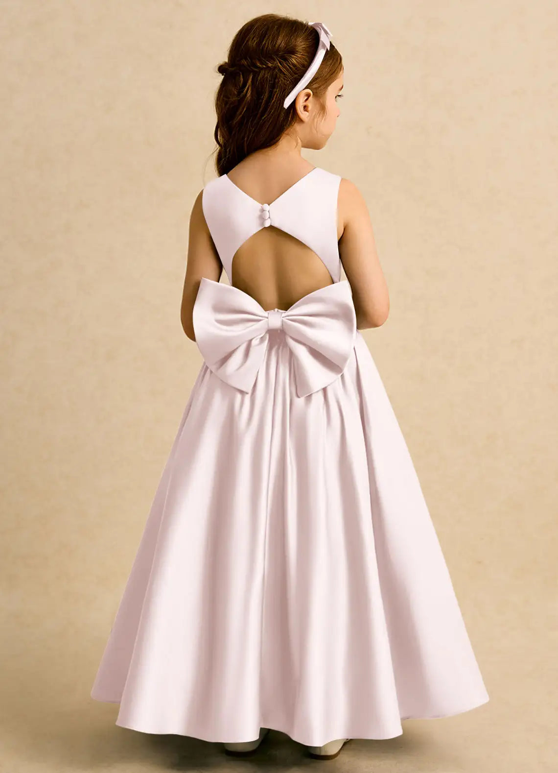 Sleeveless Round Neck Back Cutout White Satin Full-Length Flower Girl Dresses with Big Bow