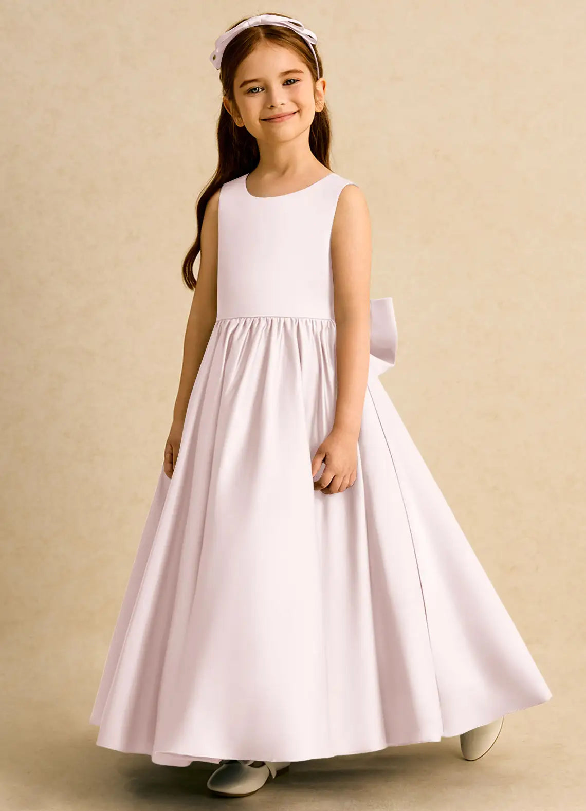 Sleeveless Round Neck Back Cutout White Satin Full-Length Flower Girl Dresses with Big Bow