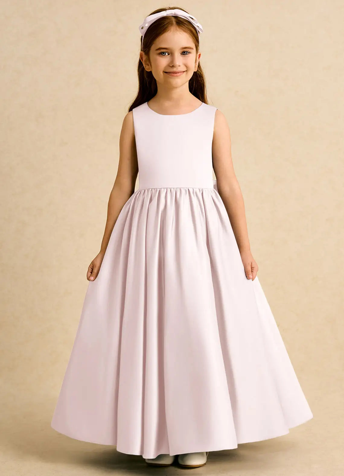 Sleeveless Round Neck Back Cutout White Satin Full-Length Flower Girl Dresses with Big Bow