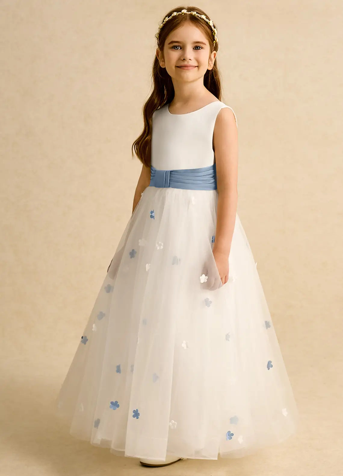 Sleeveless Round Neck Blue Sash Floral Appliqué White Tulle Full-Length Flower Girl Dresses