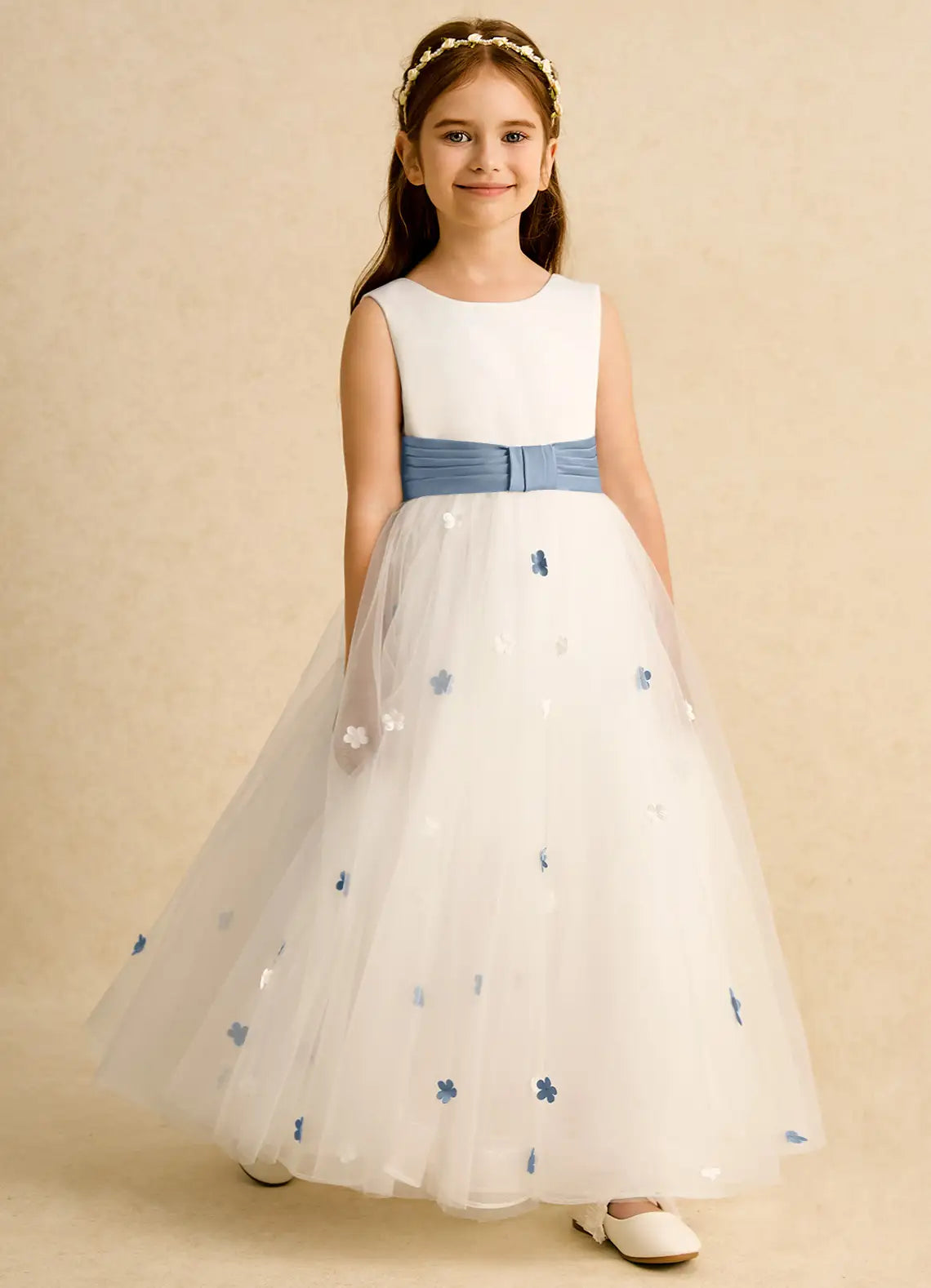 Sleeveless Round Neck Blue Sash Floral Appliqué White Tulle Full-Length Flower Girl Dresses