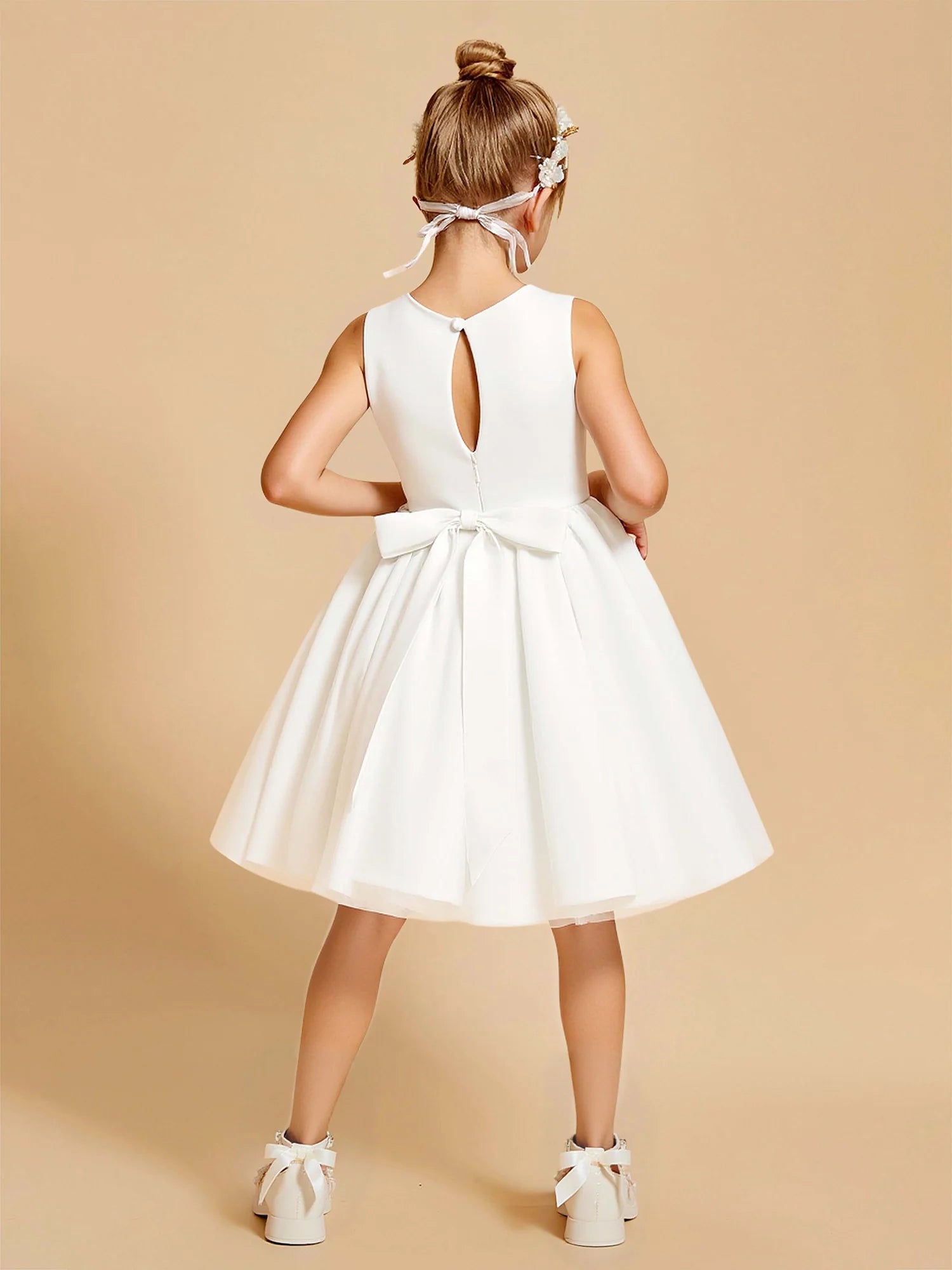 Sleeveless Round Neck Colorful Wildflower Embroidery White Tulle Knee Length Flower Girl Dresses