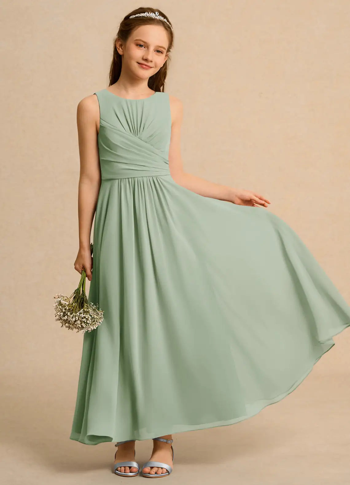 Sleeveless Round Neck Cross Ruched Sage Chiffon Full-Length Junior Bridesmaid Dresses