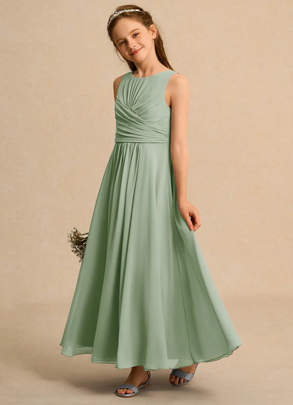 Sleeveless Round Neck Cross Ruched Sage Chiffon Full-Length Junior Bridesmaid Dresses