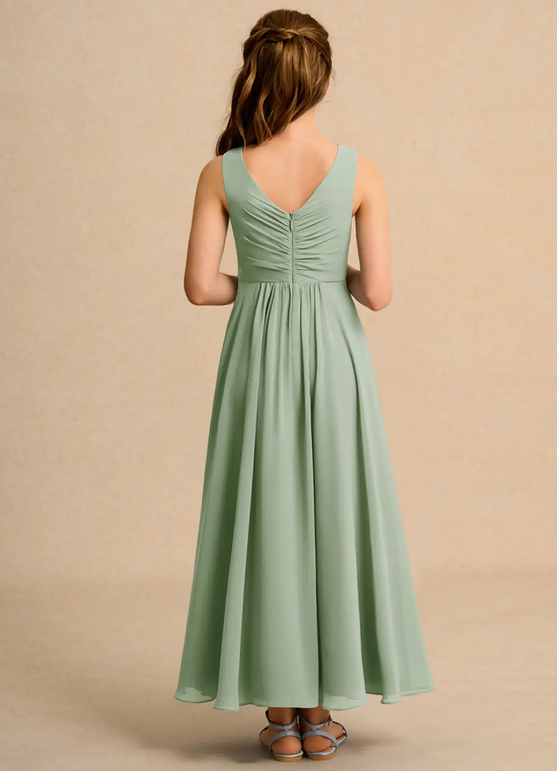 Sleeveless Round Neck Cross Ruched Sage Chiffon Full-Length Junior Bridesmaid Dresses