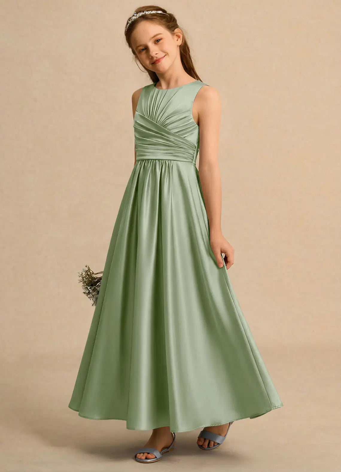 Sleeveless Round Neck Cross Ruched Sage Satin Full-Length Junior Bridesmaid Dresses