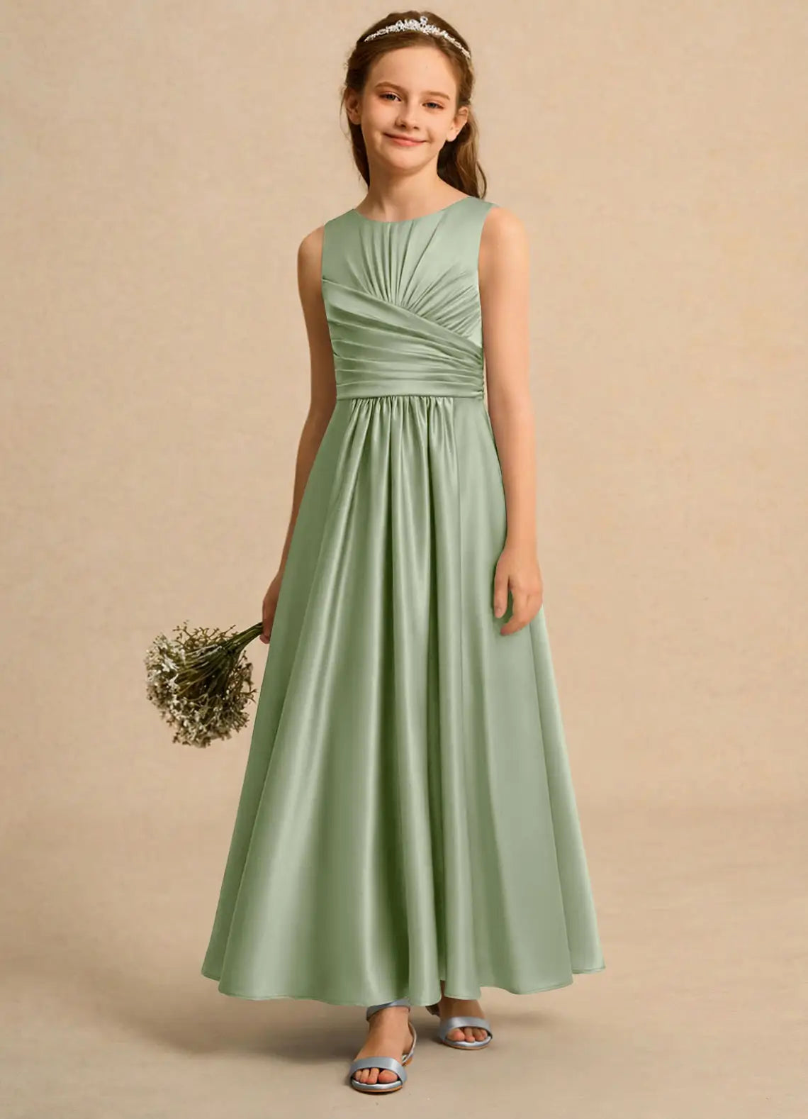 Sleeveless Round Neck Cross Ruched Sage Satin Full-Length Junior Bridesmaid Dresses