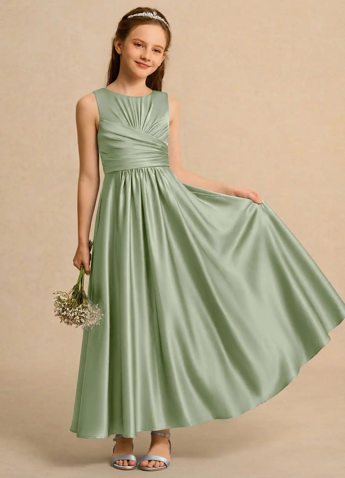 Sleeveless Round Neck Cross Ruched Sage Satin Full-Length Junior Bridesmaid Dresses