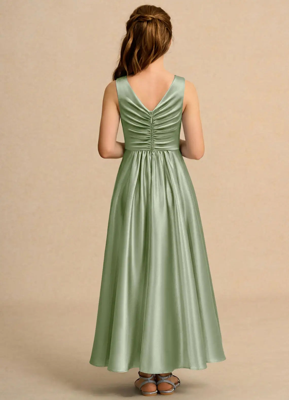 Sleeveless Round Neck Cross Ruched Sage Satin Full-Length Junior Bridesmaid Dresses