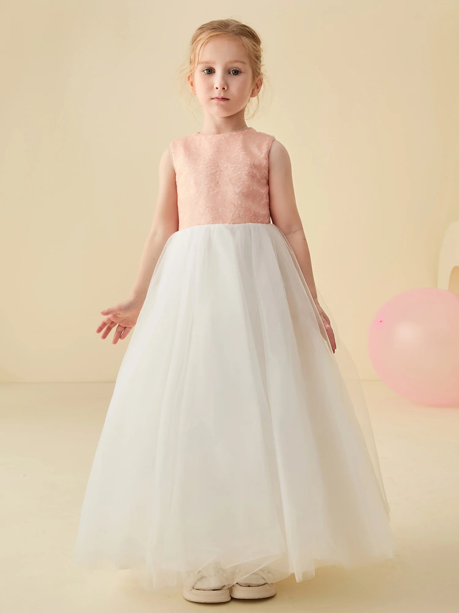 Sleeveless Round Neck Cutout Back Pink Textured Bodice White Tulle Floor Length Flower Girl Dresses