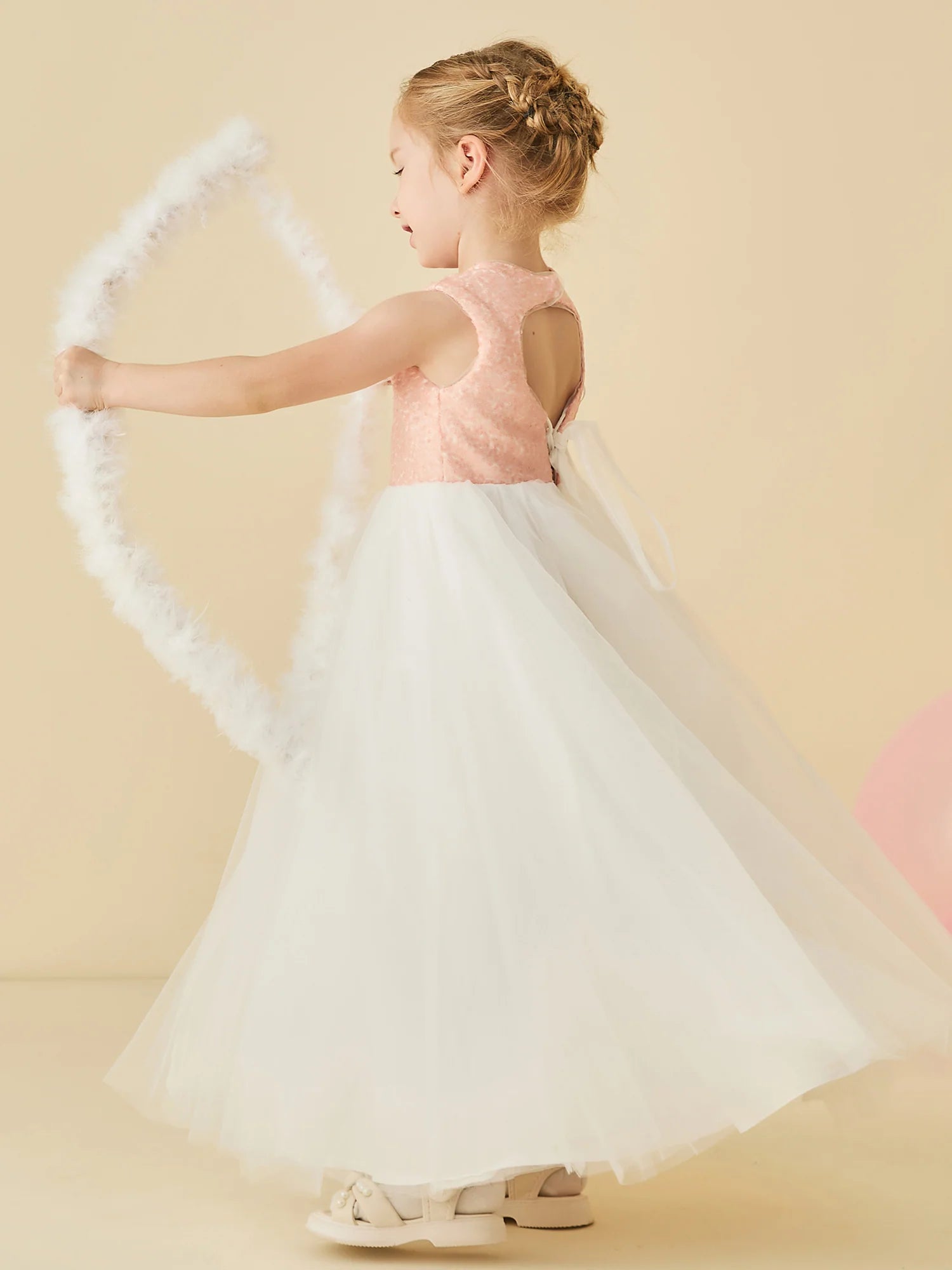 Sleeveless Round Neck Cutout Back Pink Textured Bodice White Tulle Floor Length Flower Girl Dresses