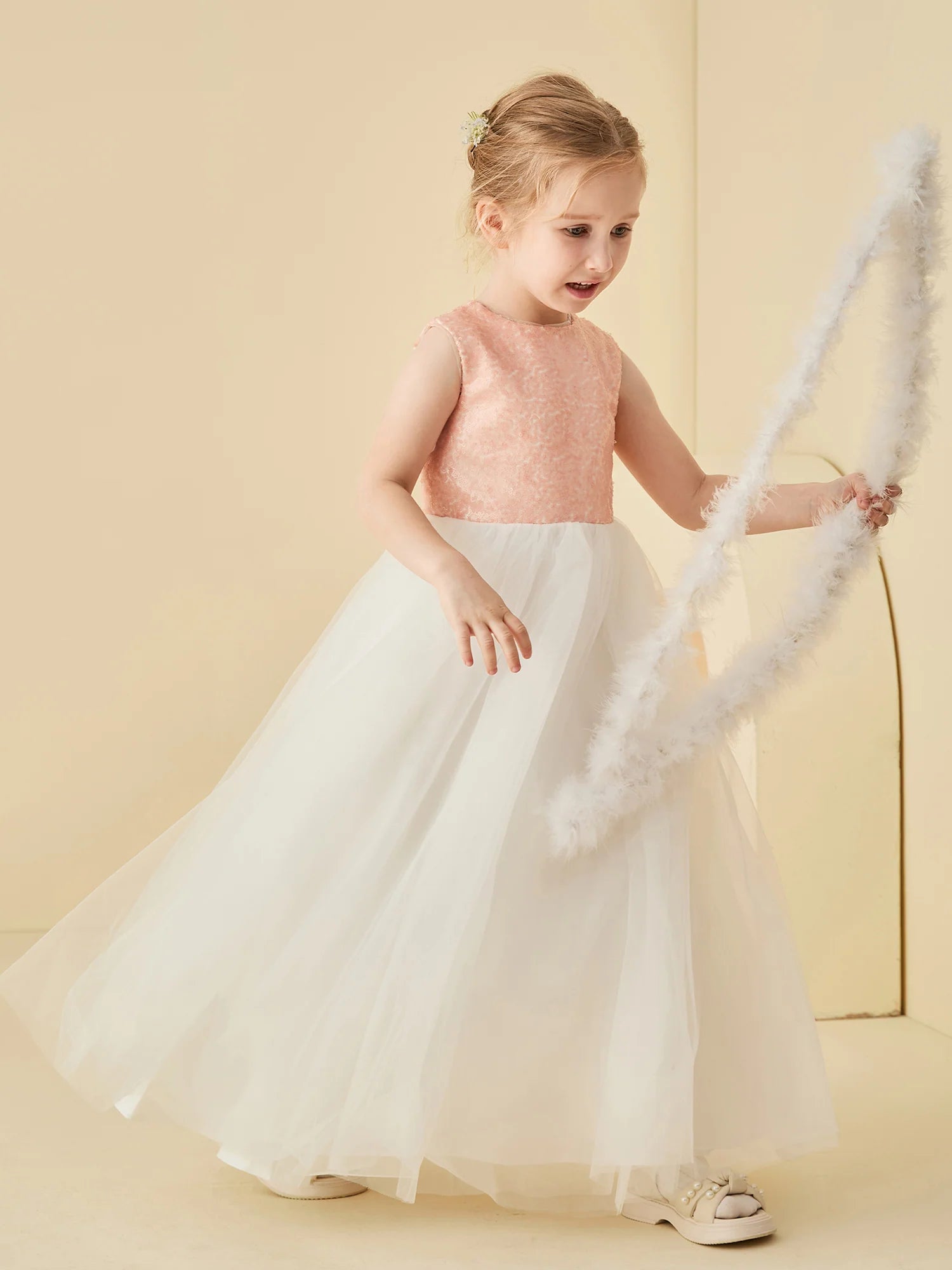 Sleeveless Round Neck Cutout Back Pink Textured Bodice White Tulle Floor Length Flower Girl Dresses