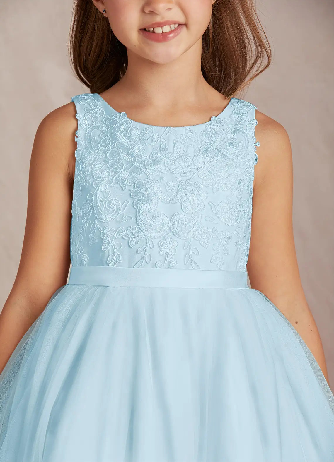 Sleeveless Round Neck Floral Lace Heart Cutout Back Big Bow Light Blue Tulle Midi Flower Girl Dresses