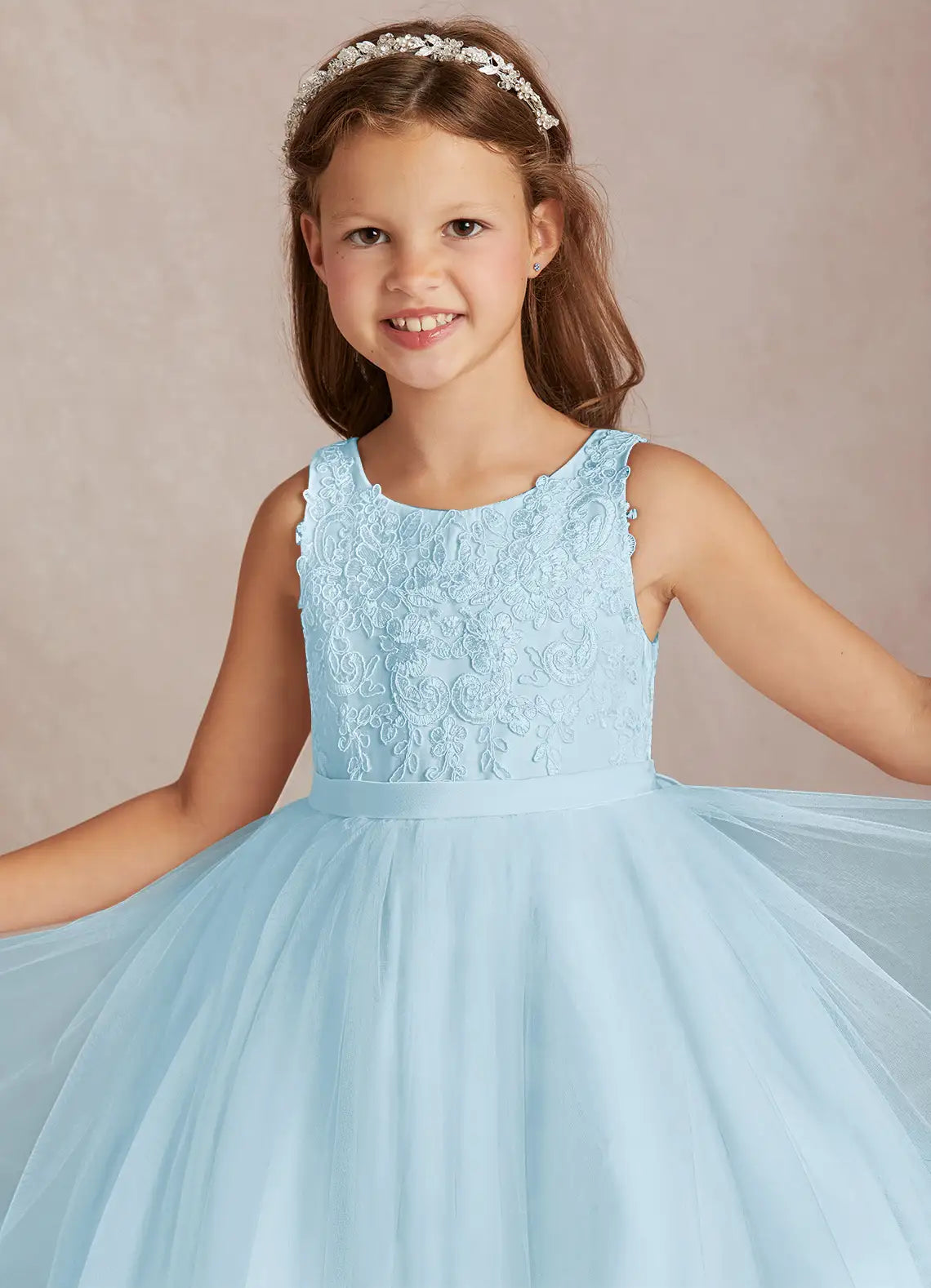 Sleeveless Round Neck Floral Lace Heart Cutout Back Big Bow Light Blue Tulle Midi Flower Girl Dresses