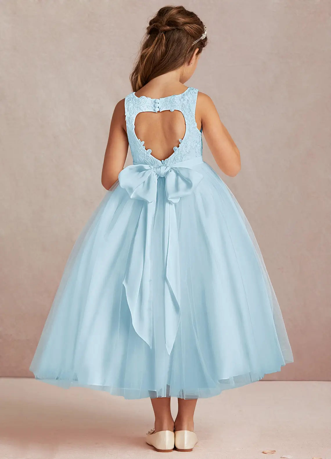 Sleeveless Round Neck Floral Lace Heart Cutout Back Big Bow Light Blue Tulle Midi Flower Girl Dresses