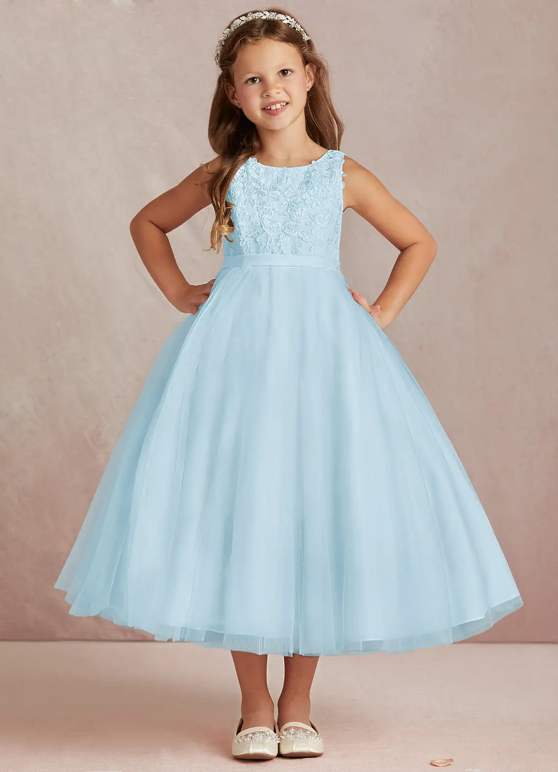 Sleeveless Round Neck Floral Lace Heart Cutout Back Big Bow Light Blue Tulle Midi Flower Girl Dresses