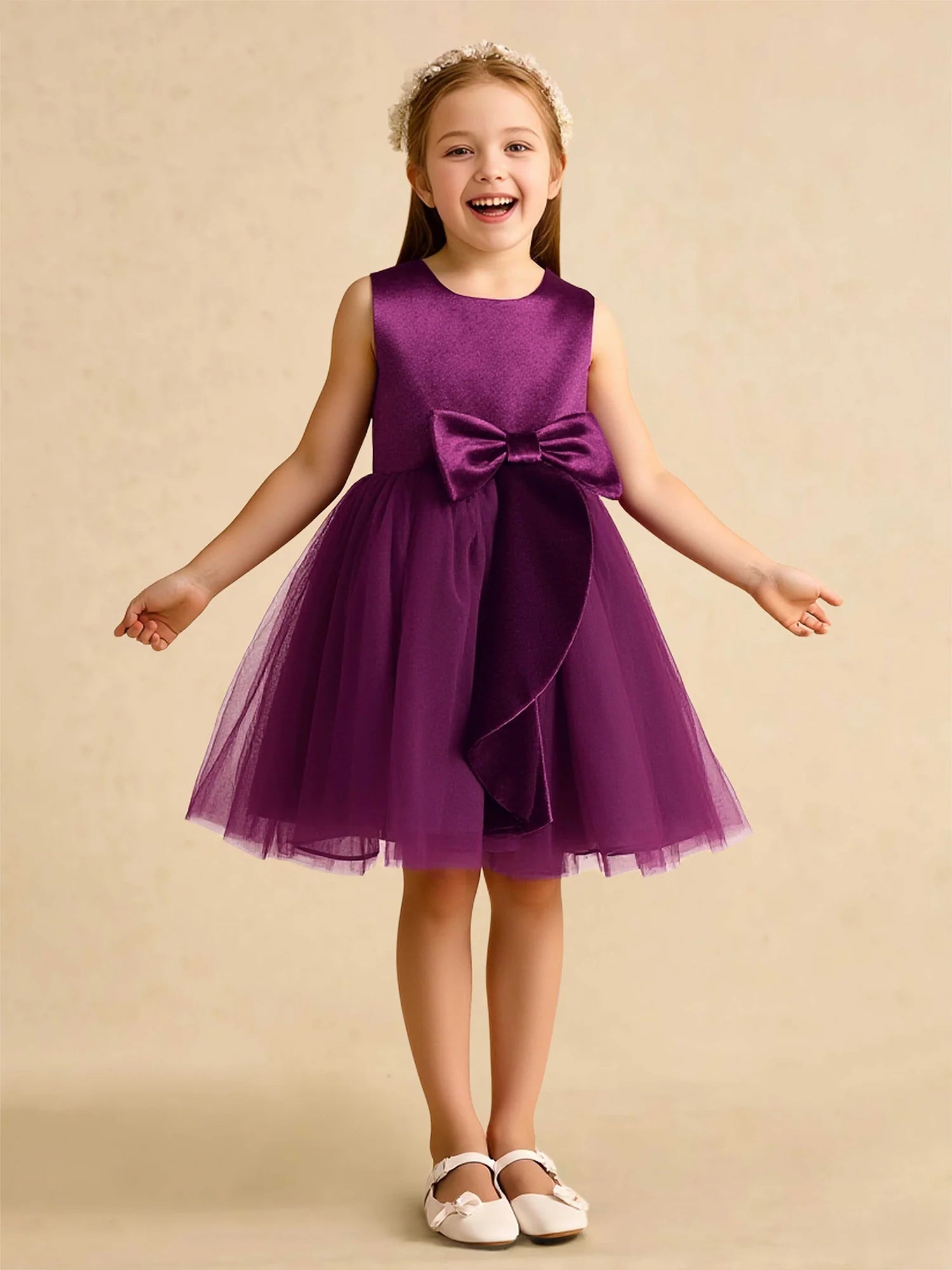 Sleeveless Round Neck Giant Front Bow Dark Purple Satin Tulle Short Flower Girl Dresses