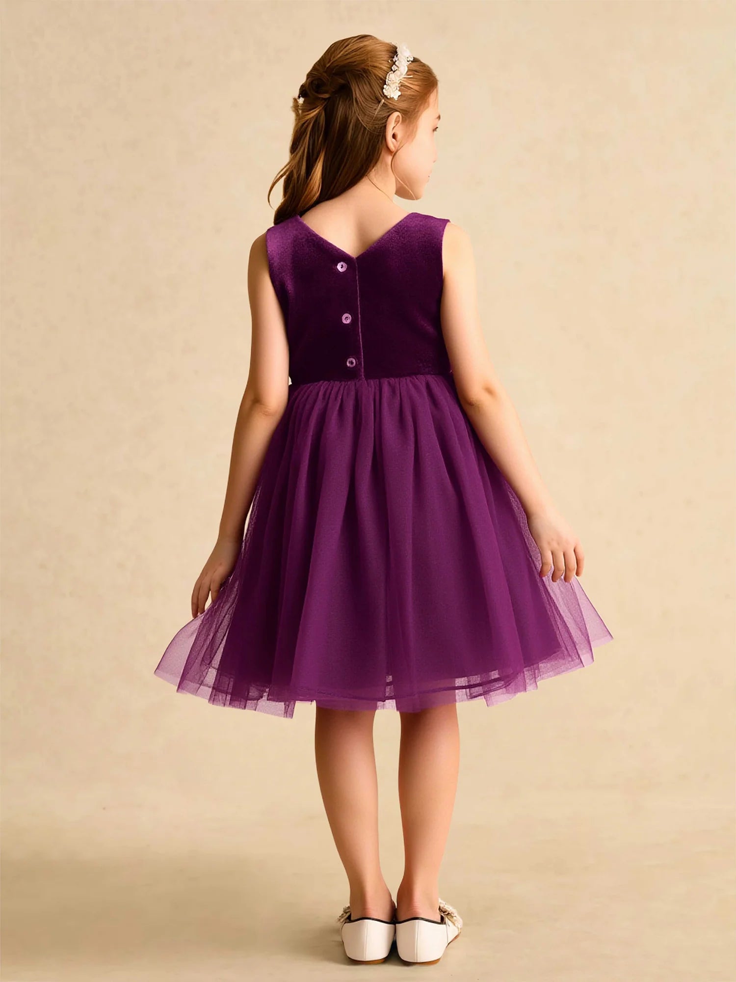 Sleeveless Round Neck Giant Front Bow Dark Purple Satin Tulle Short Flower Girl Dresses