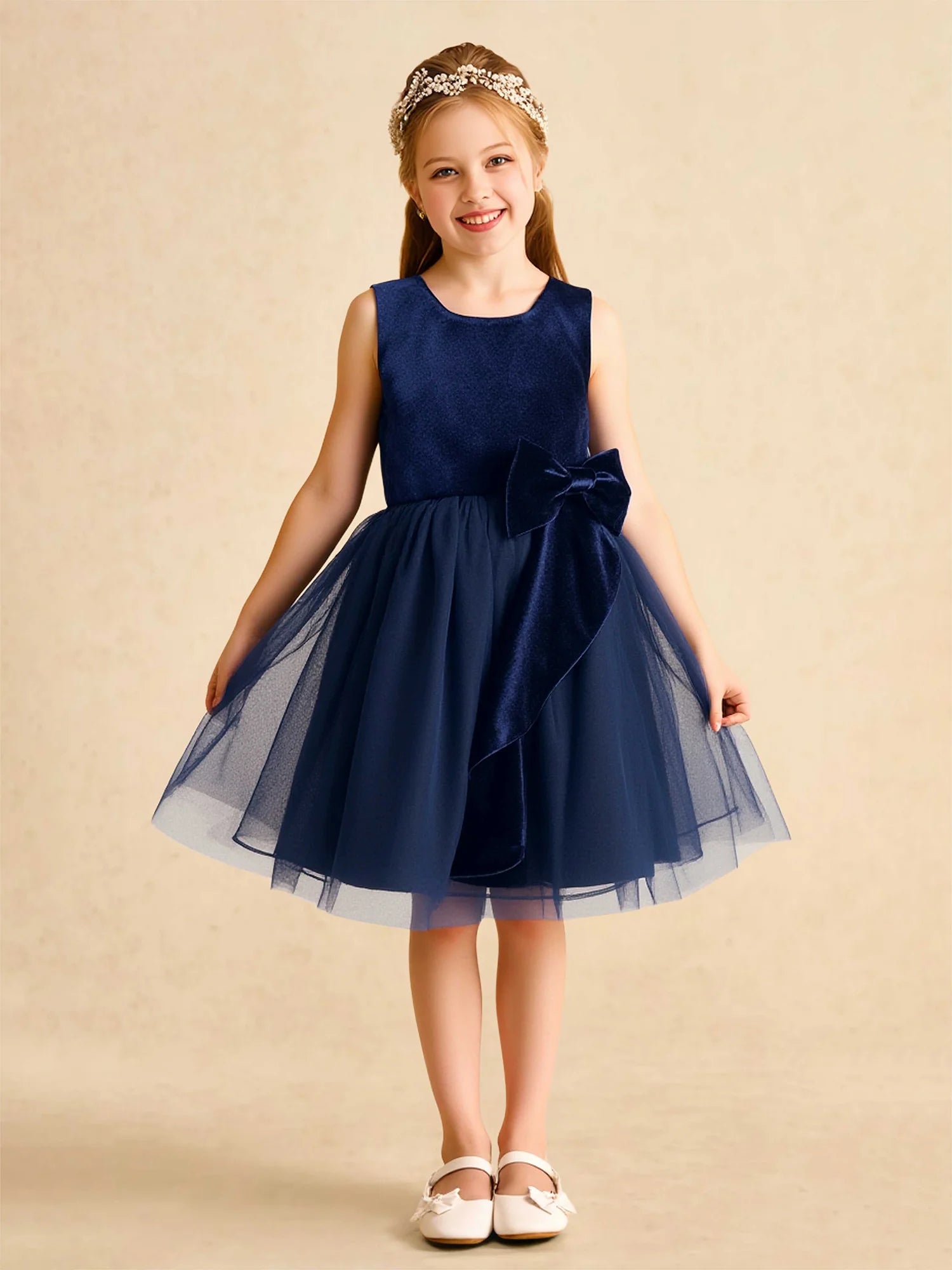 Sleeveless Round Neck Velvet Front Bow Navy Tulle Short Flower Girl Dresses