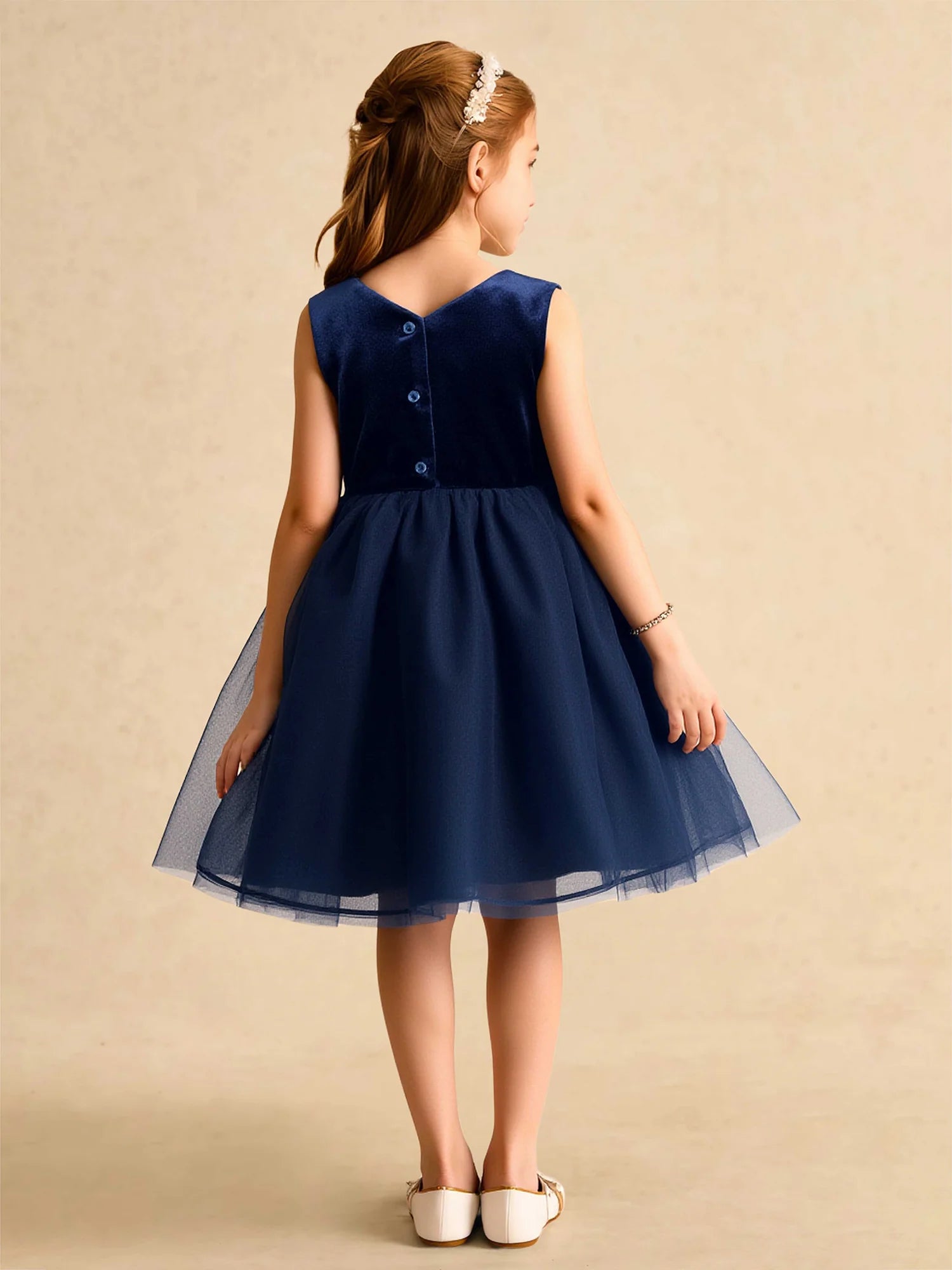 Sleeveless Round Neck Velvet Front Bow Navy Tulle Short Flower Girl Dresses