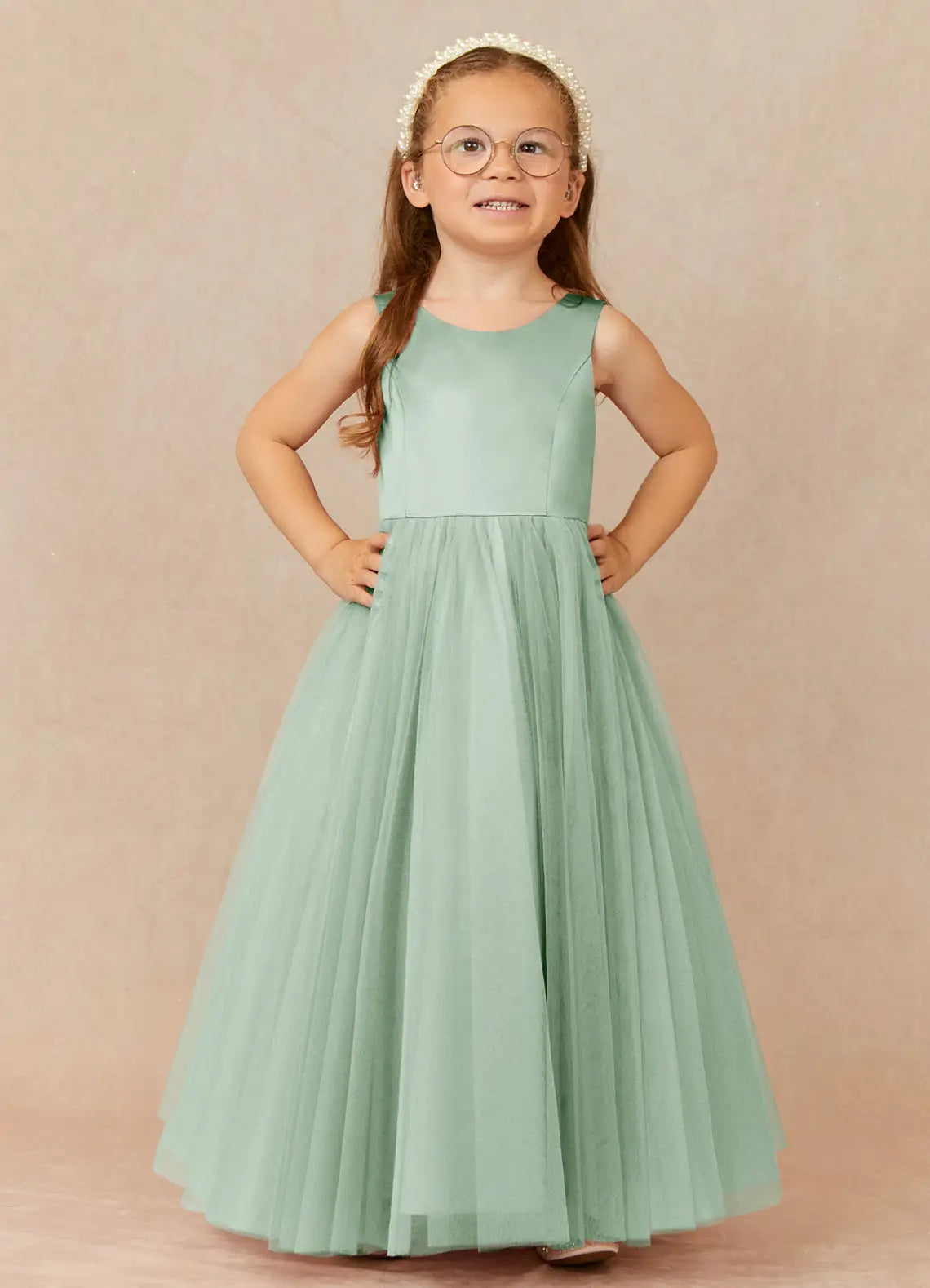 Sleeveless Round Neck Heart Cutout Back Sage Satin Tulle Full-Length Flower Girl Dresses