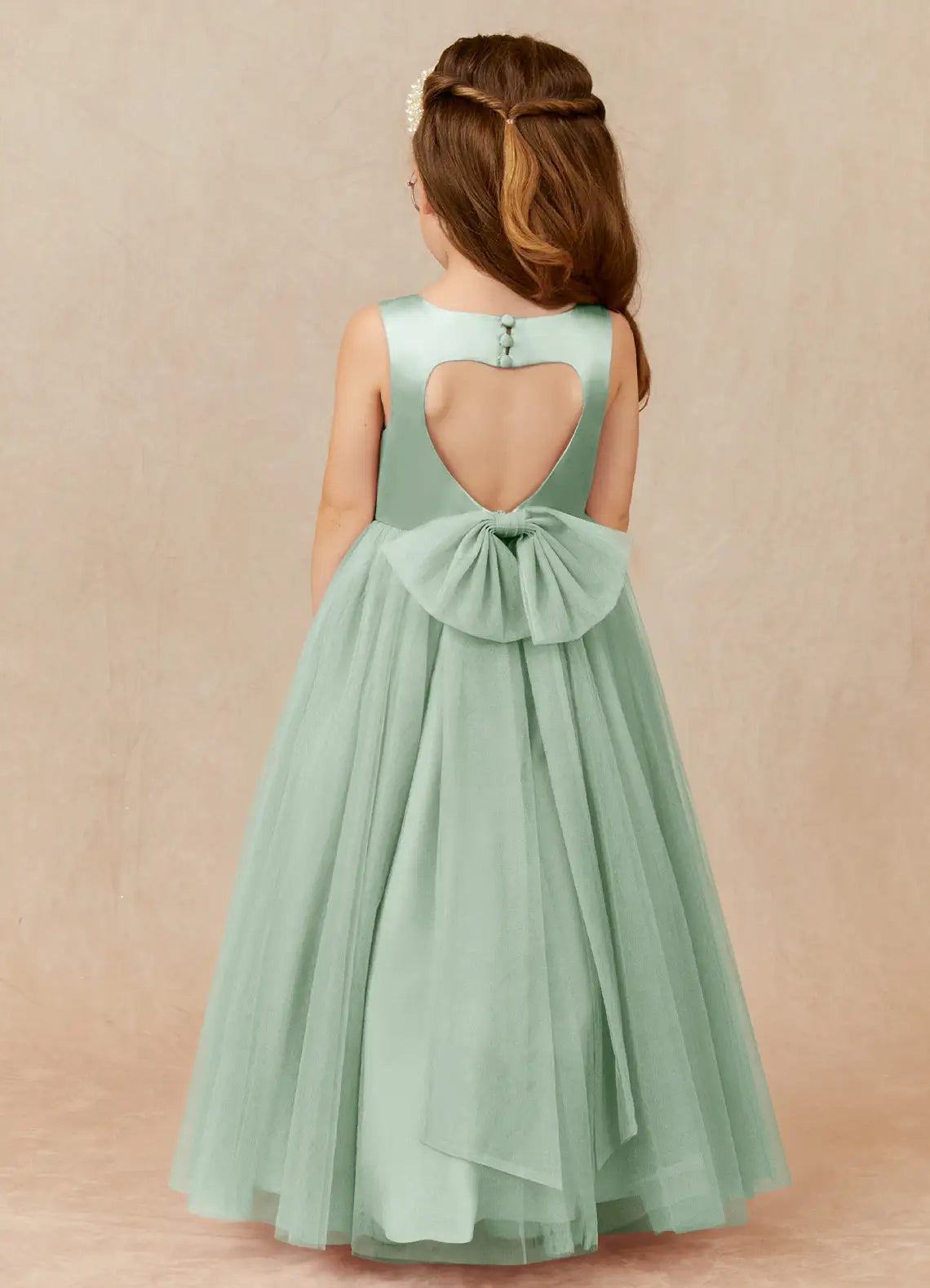 Sleeveless Round Neck Heart Cutout Back Sage Satin Tulle Full-Length Flower Girl Dresses