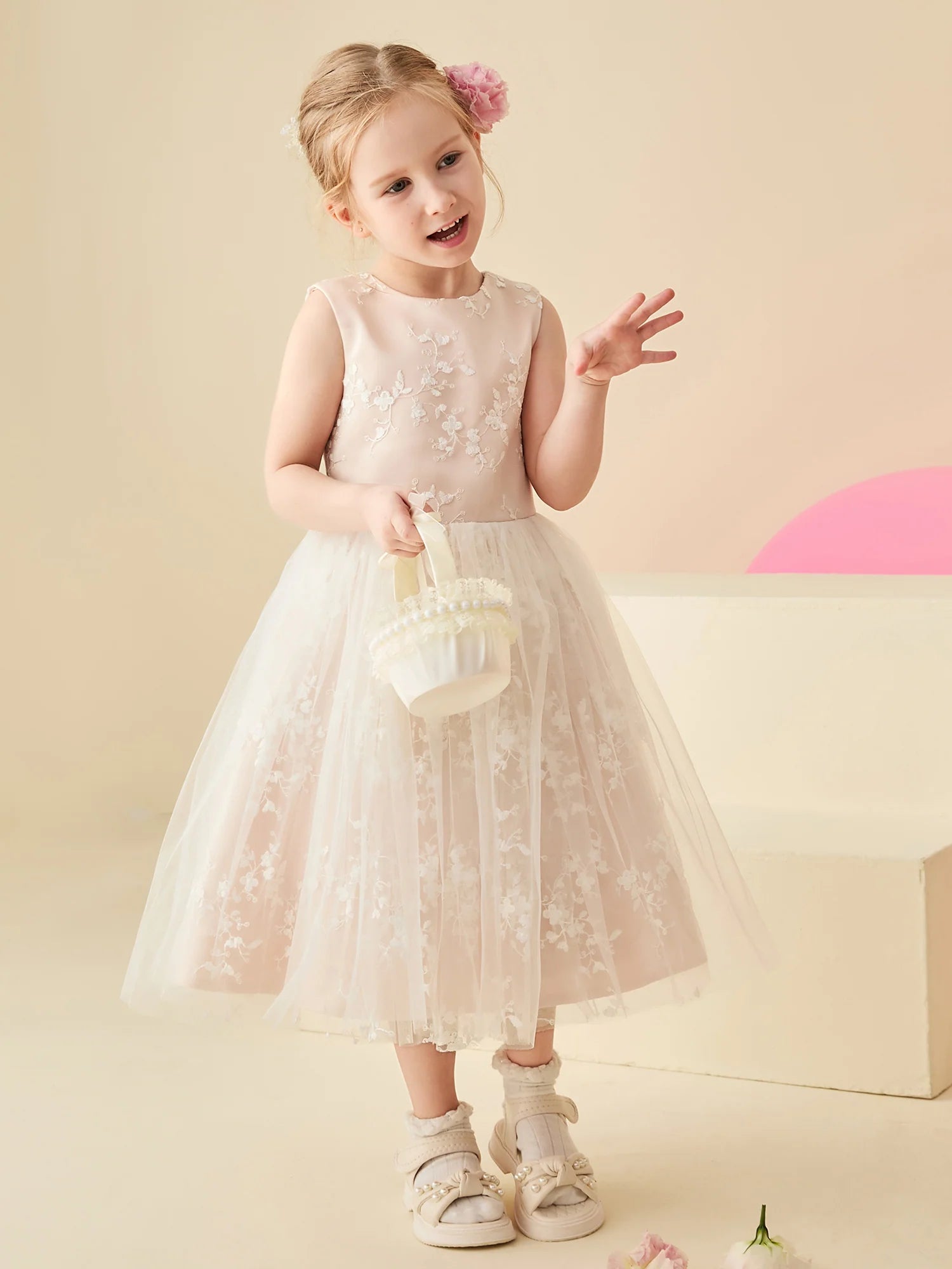 Sleeveless Round Neck Keyhole Back Floral Embroidery Champagne Tulle Midi Length Flower Girl Dresses