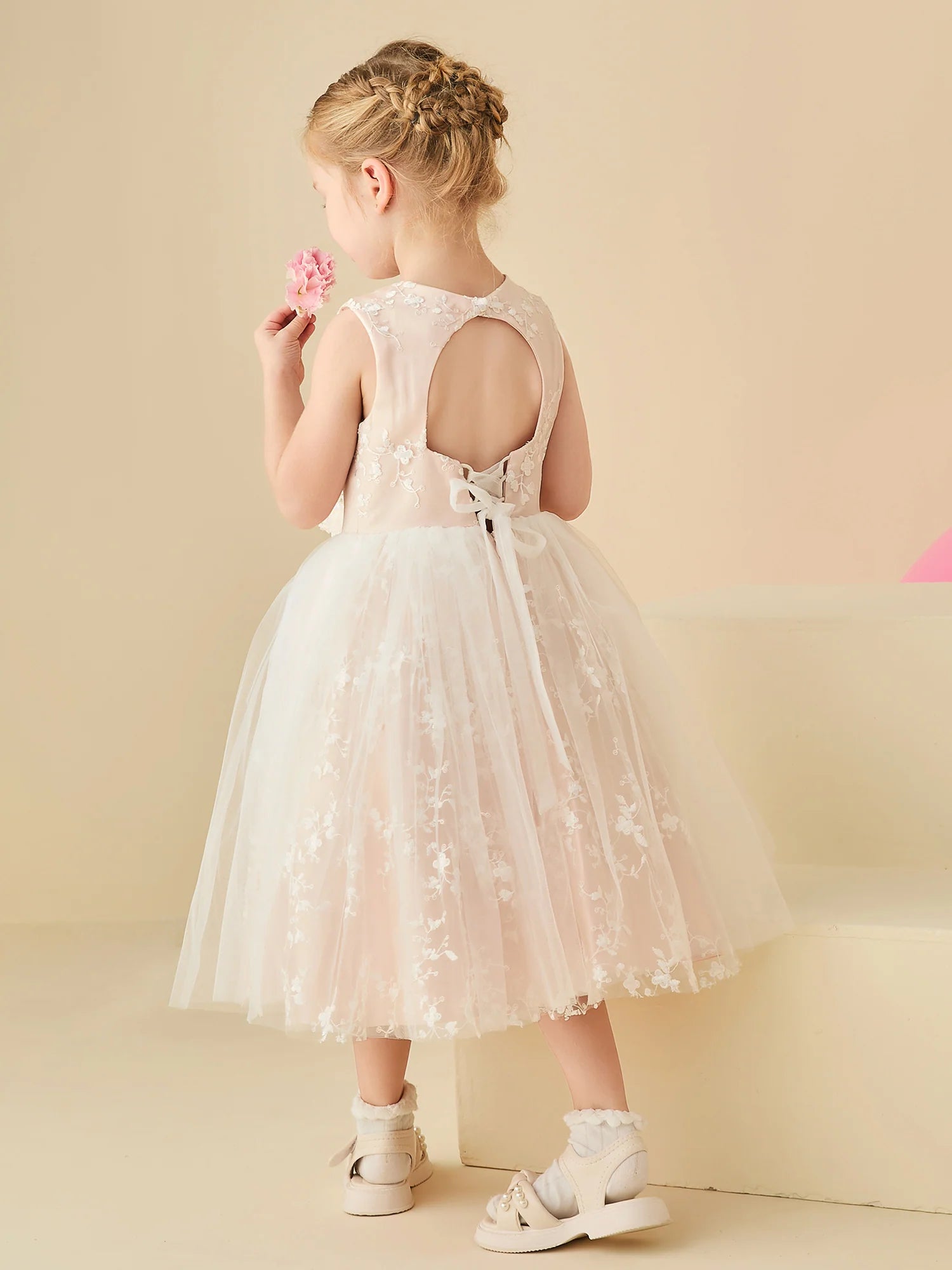 Sleeveless Round Neck Keyhole Back Floral Embroidery Champagne Tulle Midi Length Flower Girl Dresses