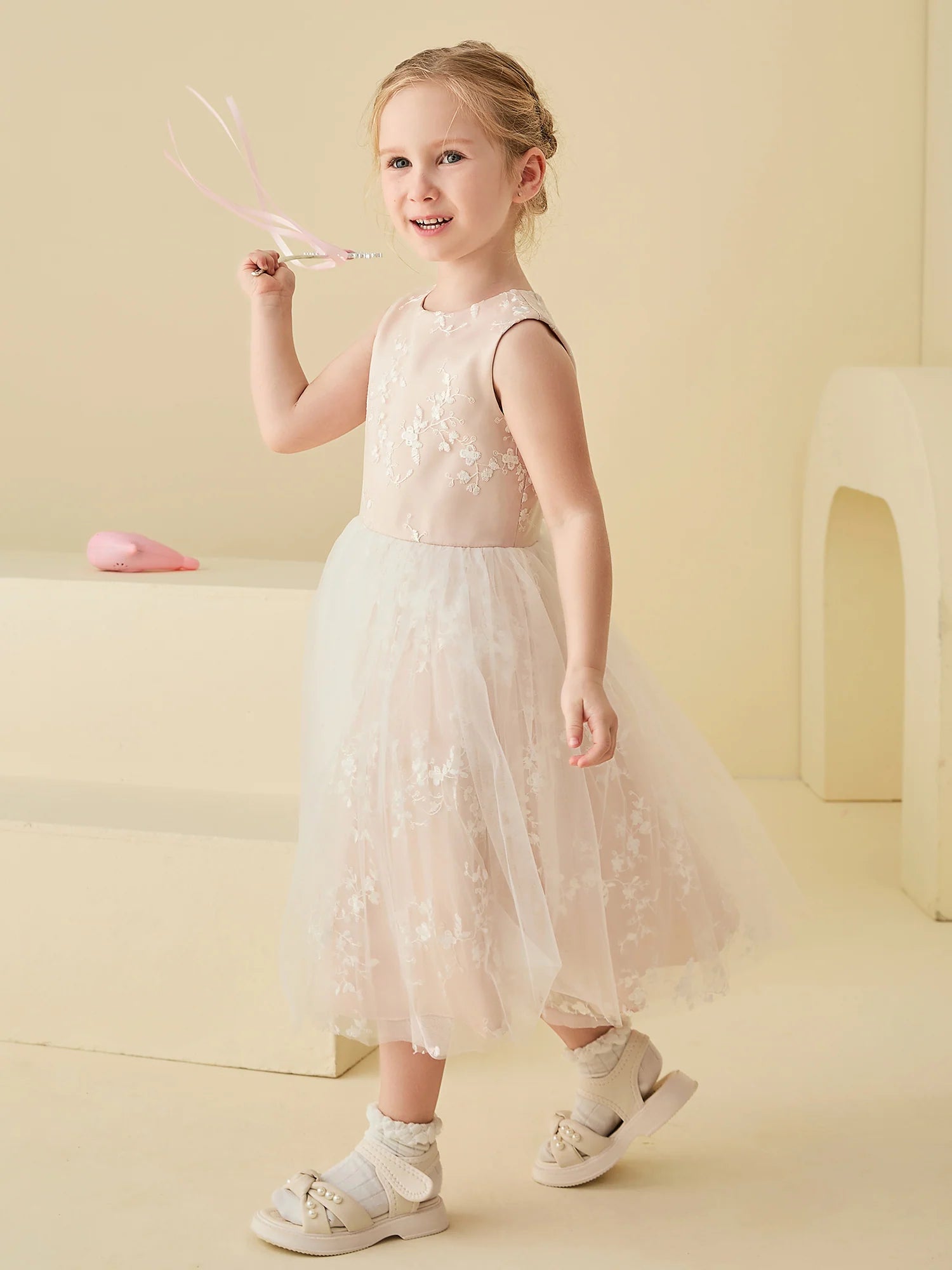 Sleeveless Round Neck Keyhole Back Floral Embroidery Champagne Tulle Midi Length Flower Girl Dresses