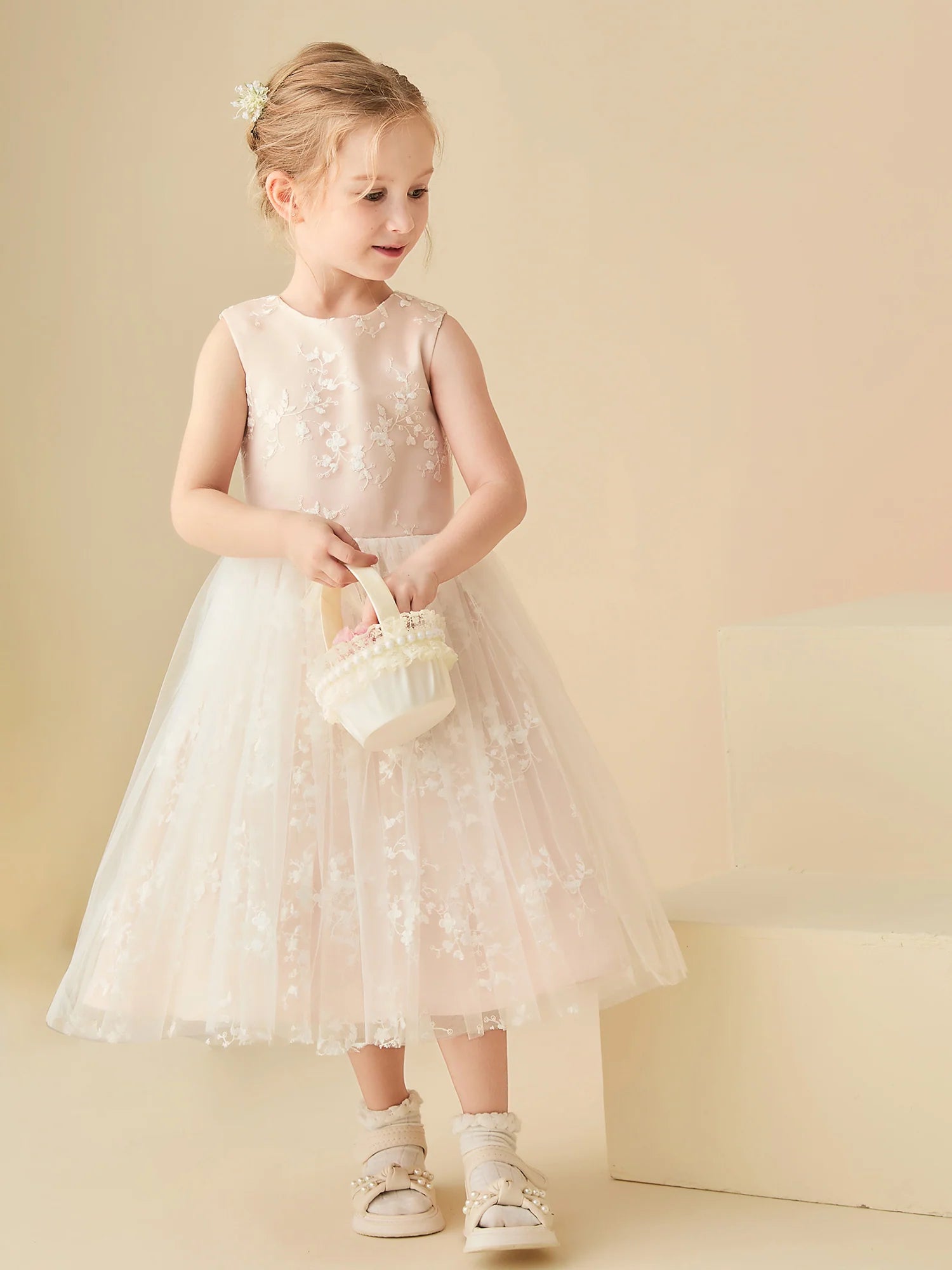 Sleeveless Round Neck Keyhole Back Floral Embroidery Champagne Tulle Midi Length Flower Girl Dresses