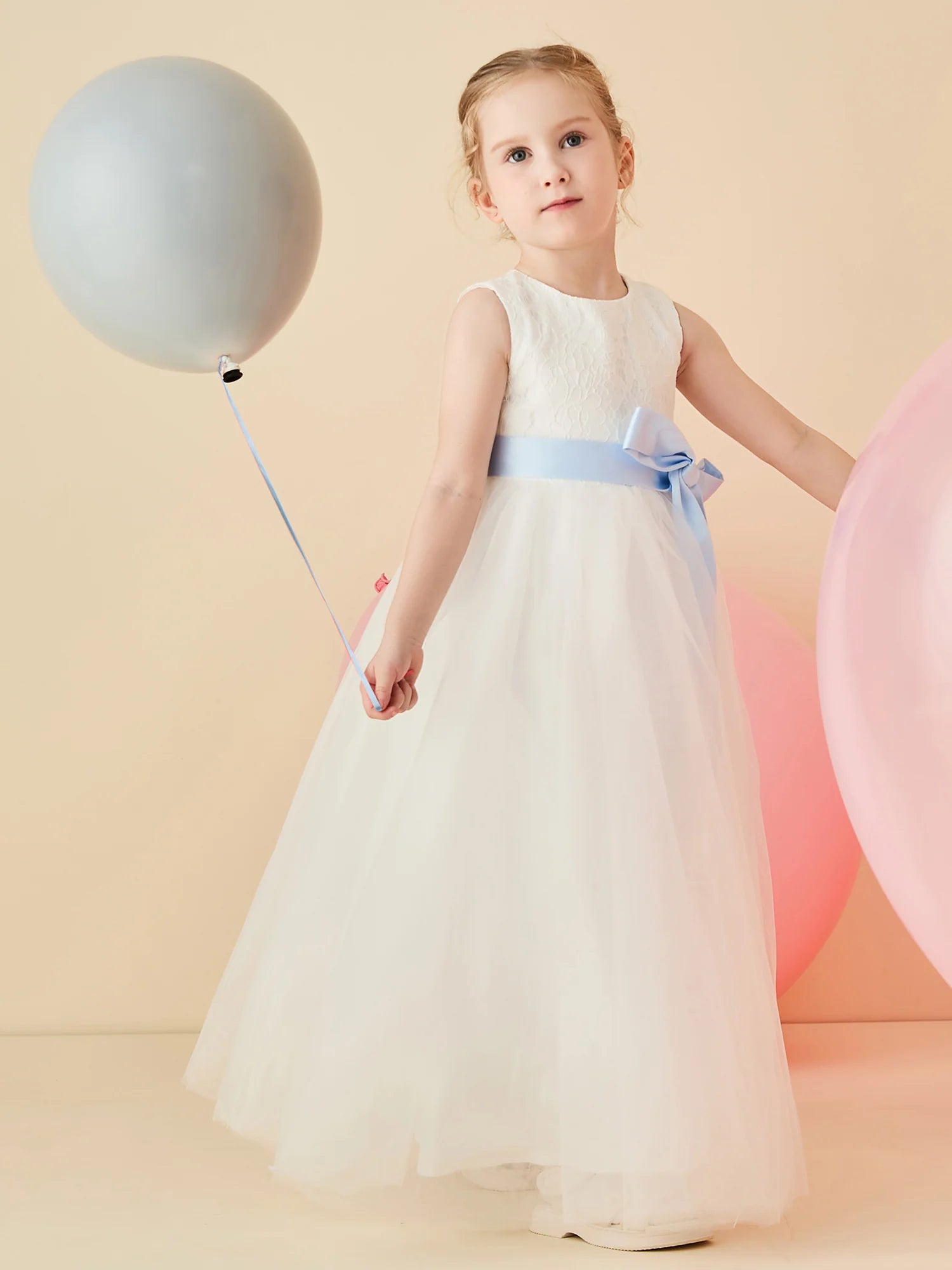 Sleeveless Round Neck Keyhole Back Light Blue Sash White Tulle Floor Length Flower Girl Dresses