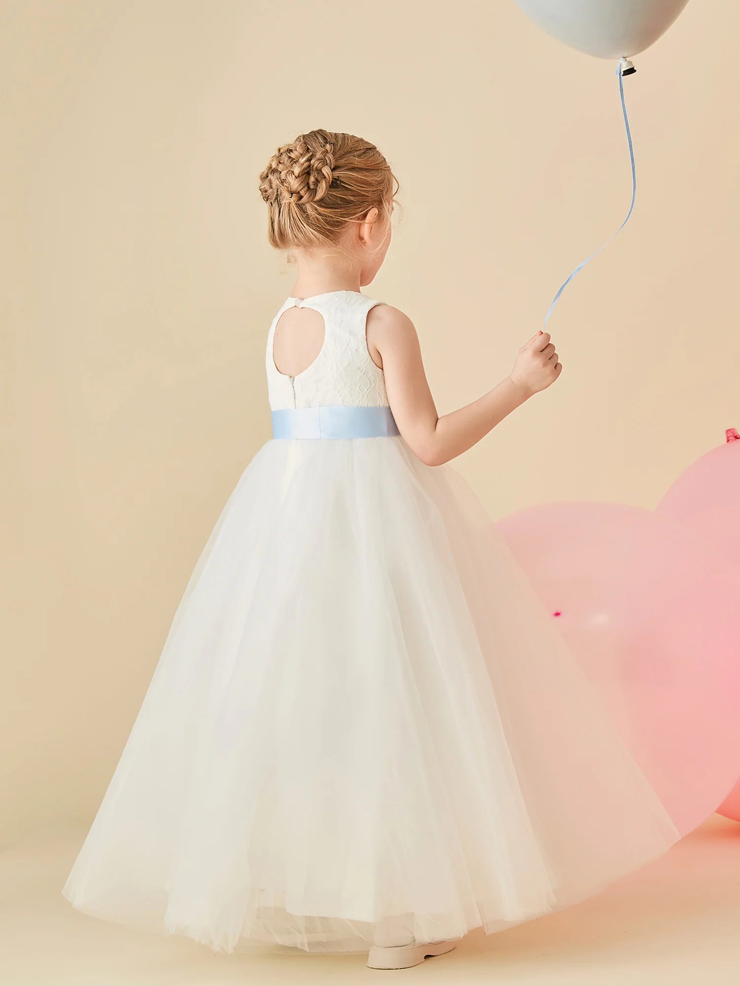 Sleeveless Round Neck Keyhole Back Light Blue Sash White Tulle Floor Length Flower Girl Dresses