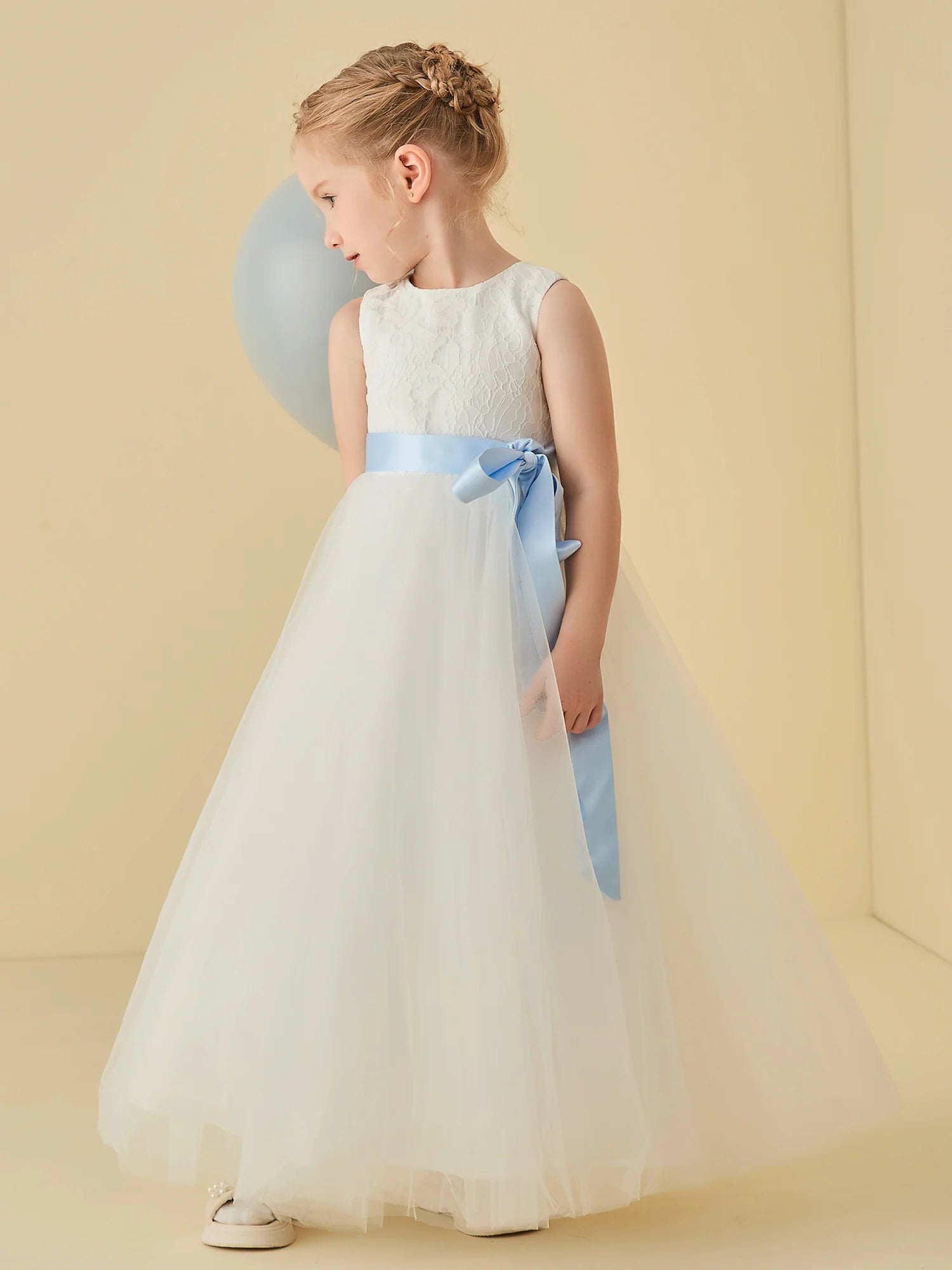 Sleeveless Round Neck Keyhole Back Light Blue Sash White Tulle Floor Length Flower Girl Dresses