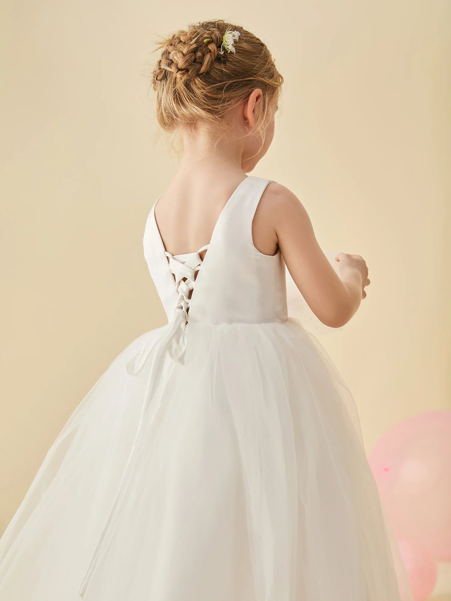 Sleeveless Round Neck Lace Up Back White Satin Tulle Floor Length Flower Girl Dresses