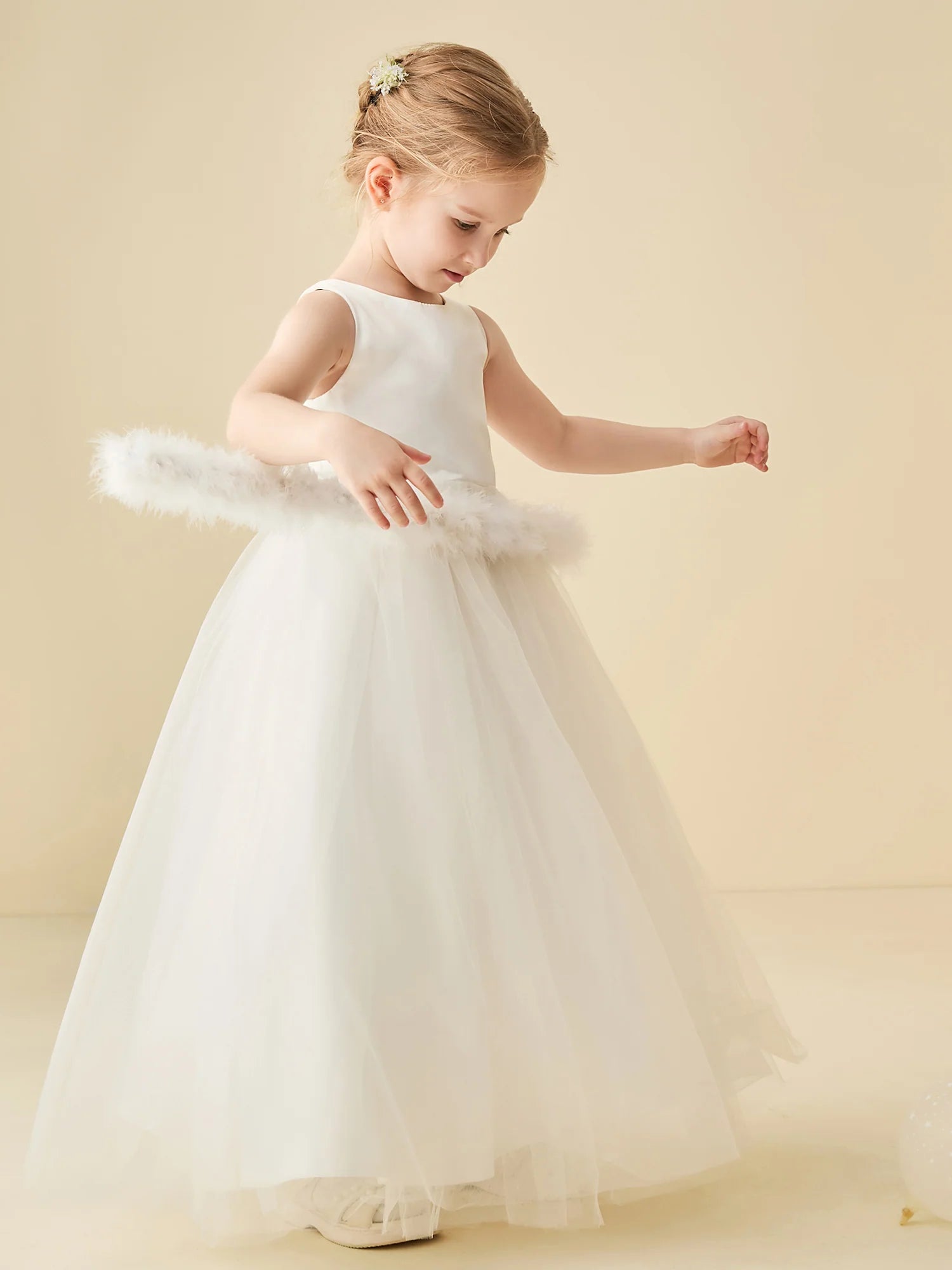 Sleeveless Round Neck Lace Up Back White Satin Tulle Floor Length Flower Girl Dresses