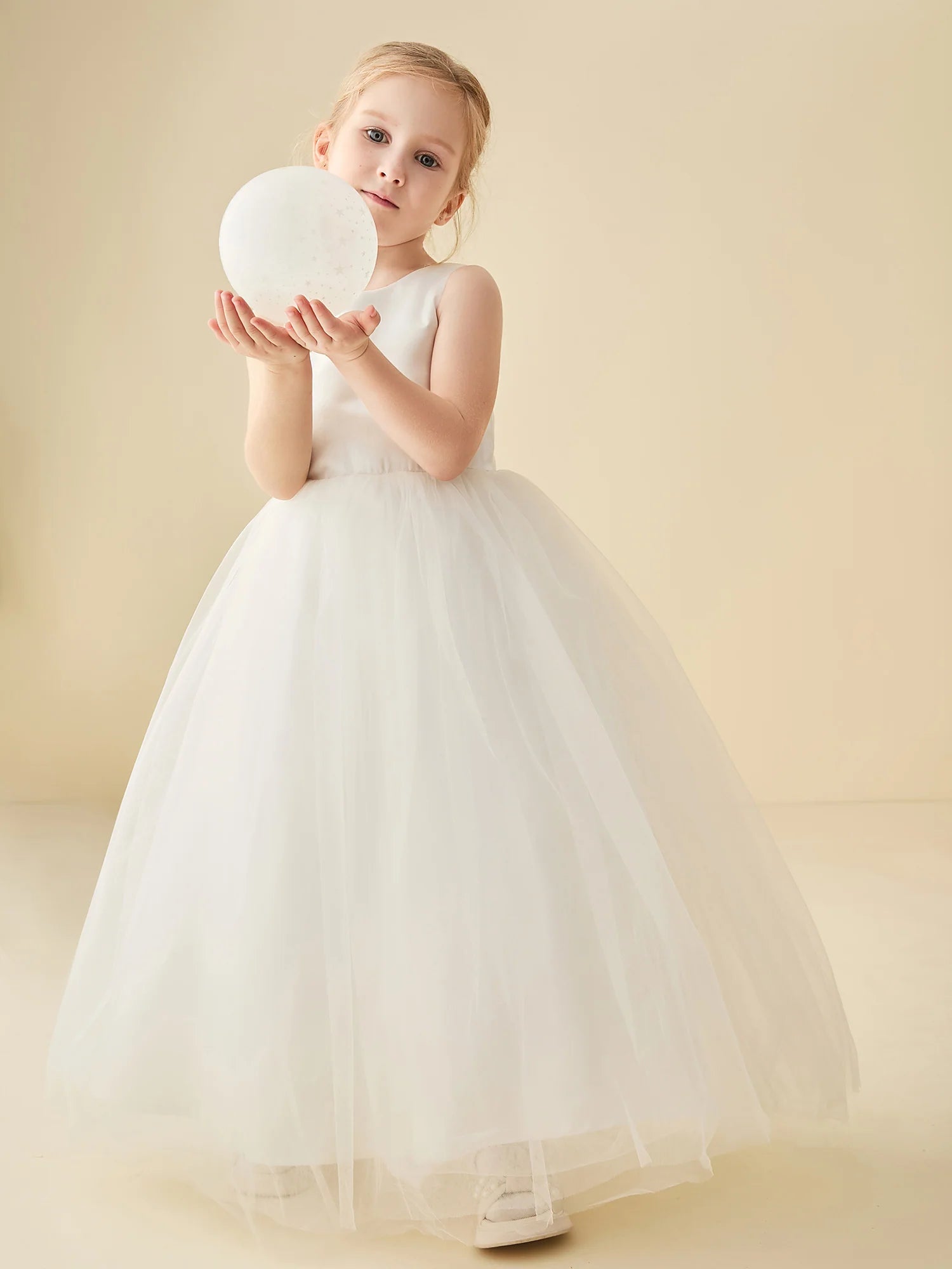 Sleeveless Round Neck Lace Up Back White Satin Tulle Floor Length Flower Girl Dresses