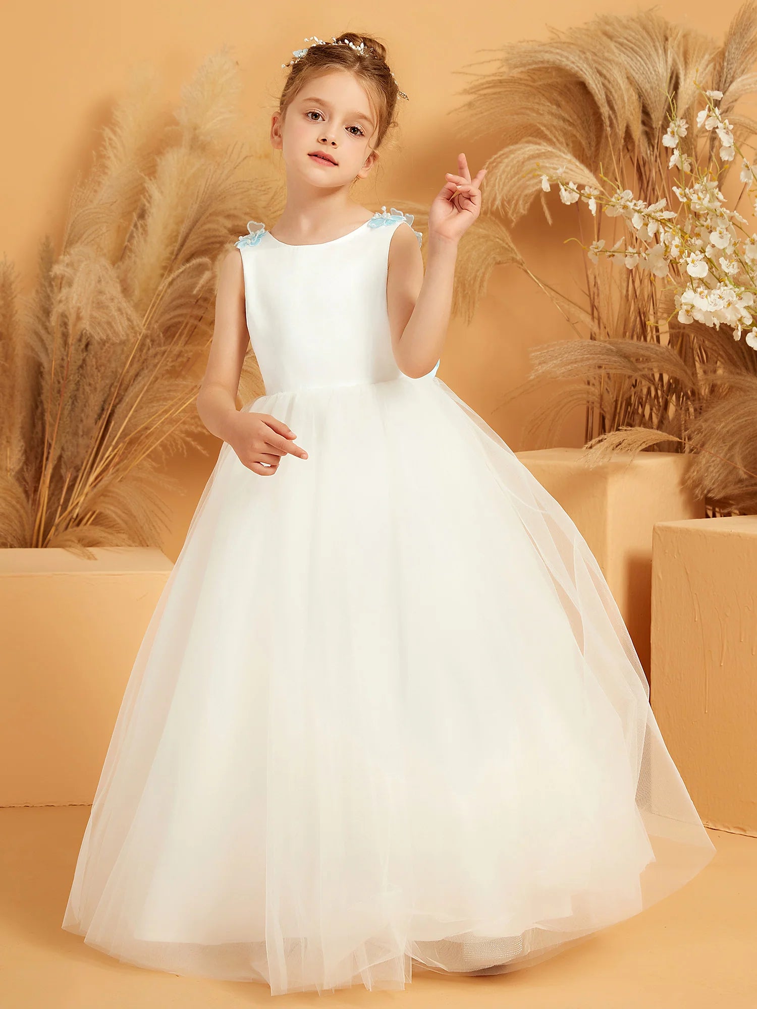 Sleeveless Round Neck Light Blue Floral Trim V Back Large Satin Bow White Tulle Floor Length Flower Girl Dresses