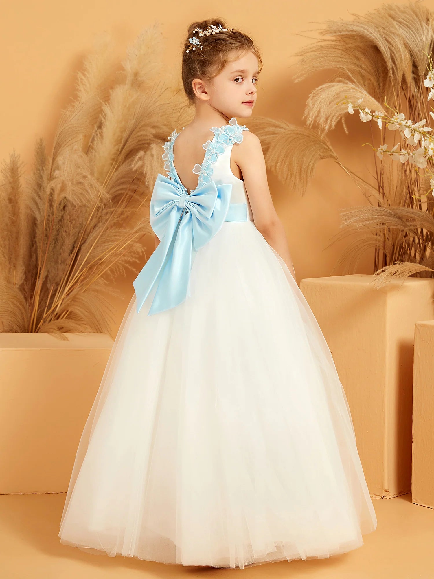 Sleeveless Round Neck Light Blue Floral Trim V Back Large Satin Bow White Tulle Floor Length Flower Girl Dresses