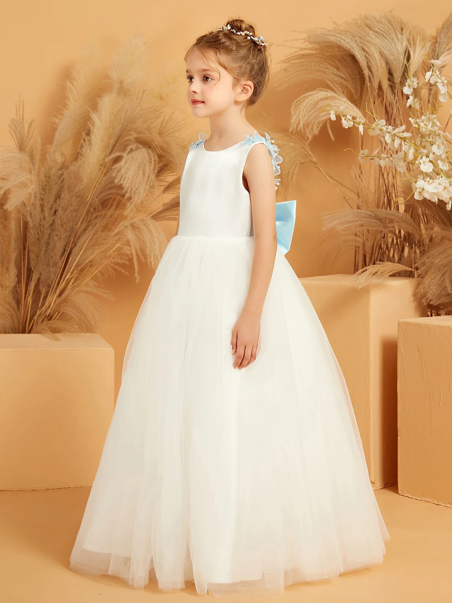 Sleeveless Round Neck Light Blue Floral Trim V Back Large Satin Bow White Tulle Floor Length Flower Girl Dresses